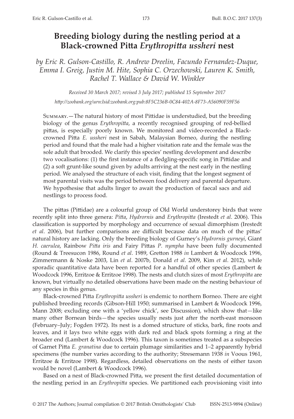 Breeding Biology During the Nestling Period at a Black-Crowned Pitta