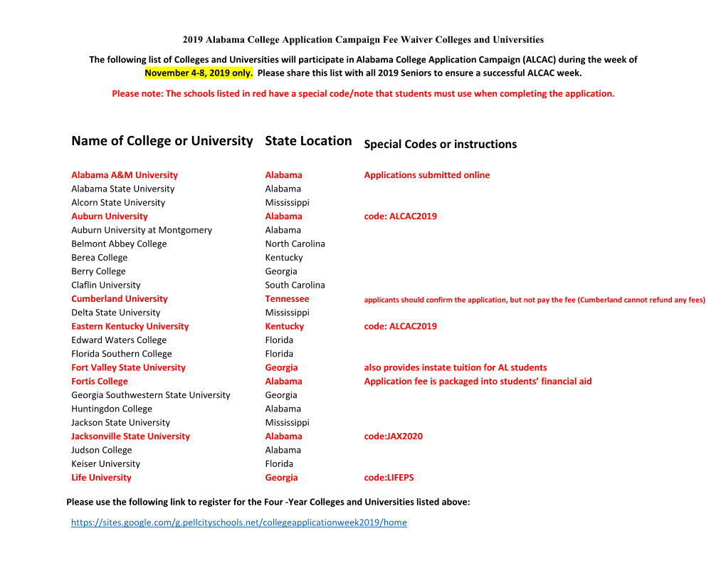 Name of College Or University State Location Special Codes Or Instructions