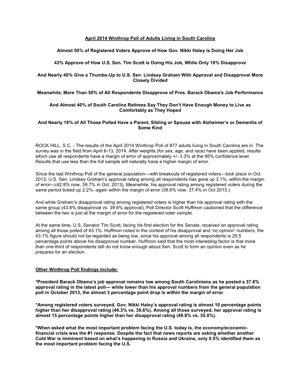 April 2014 Winthrop Poll of Adults Living in South Carolina