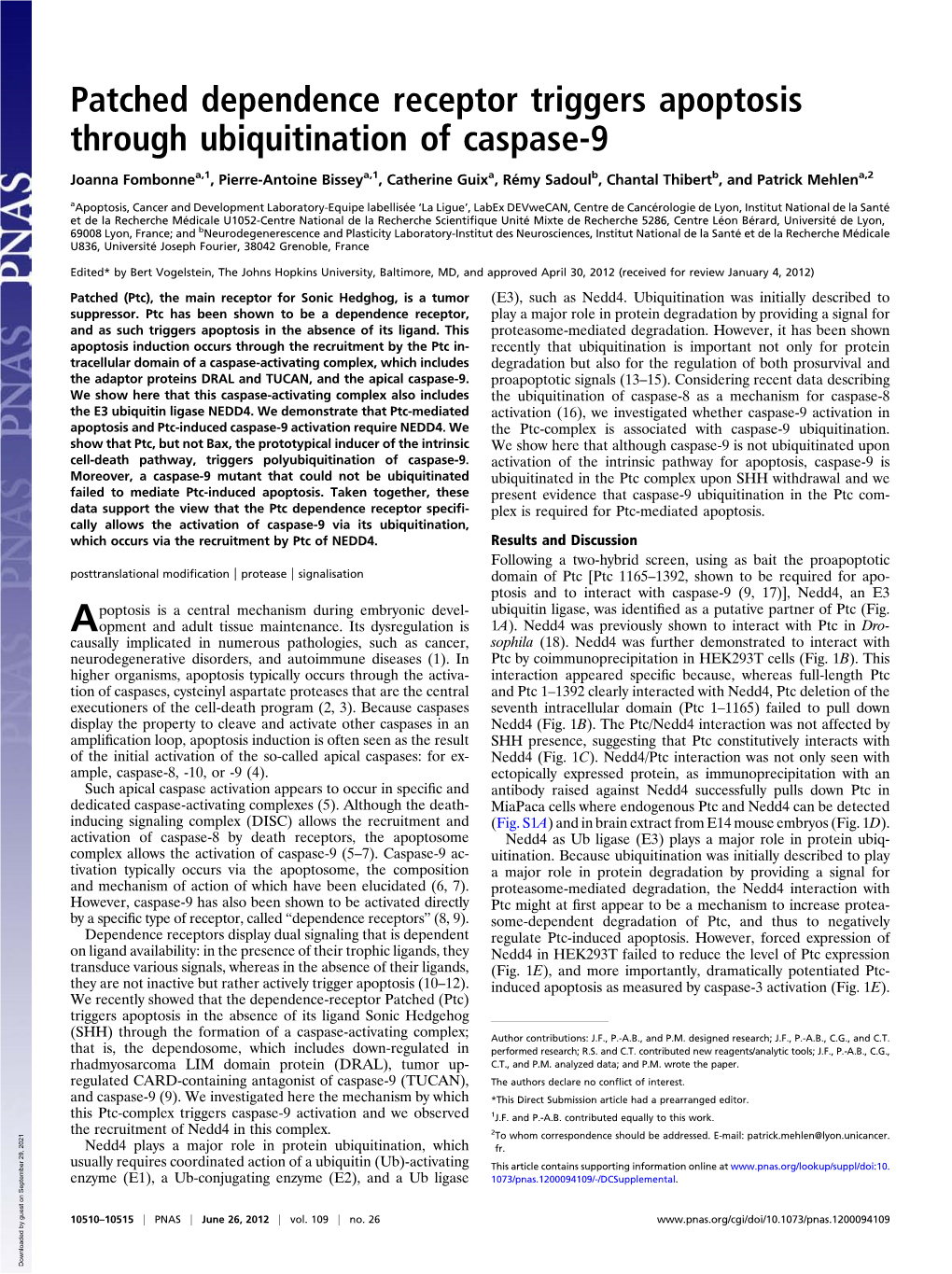 Patched Dependence Receptor Triggers Apoptosis Through Ubiquitination of Caspase-9