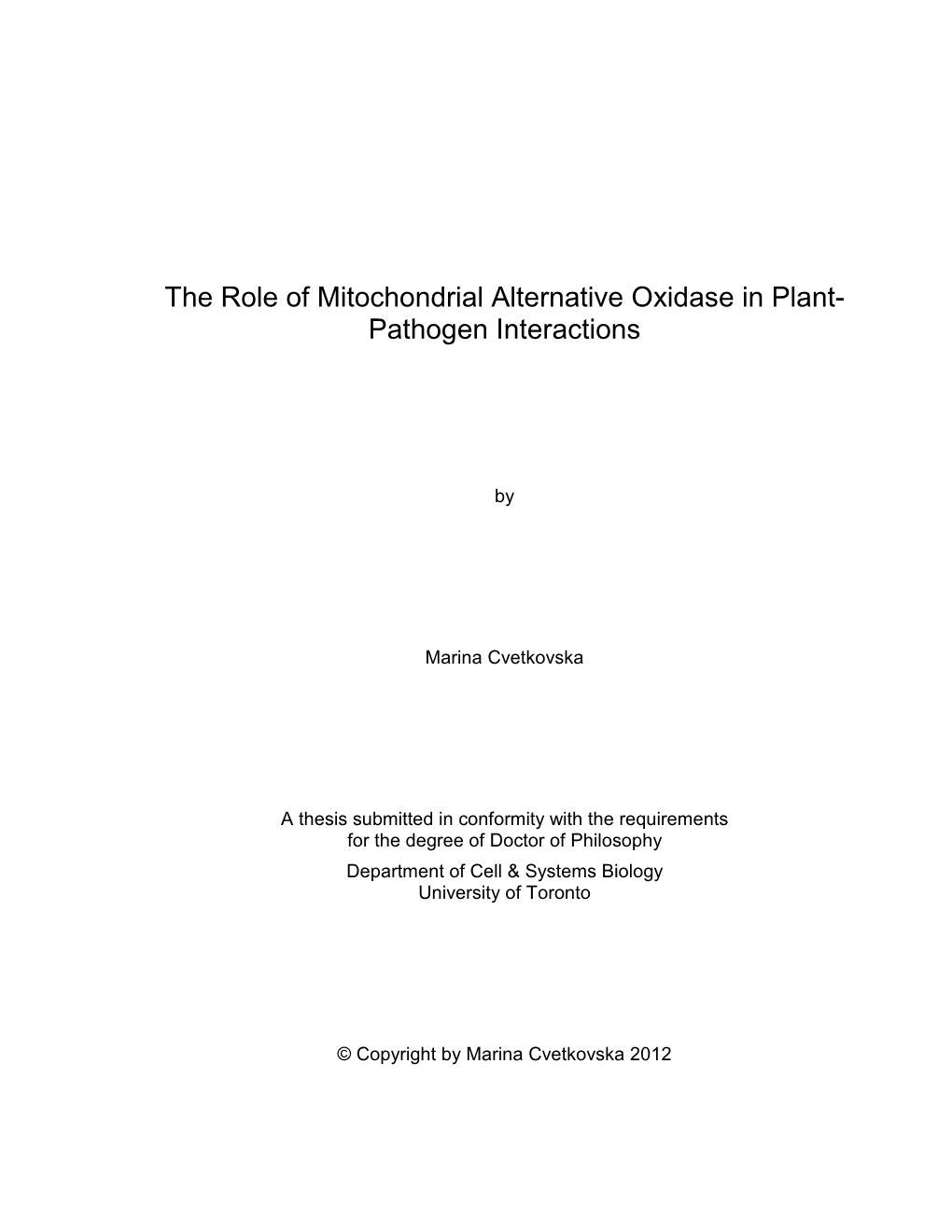 The Role of Mitochondrial Alternative Oxidase in Plant- Pathogen Interactions