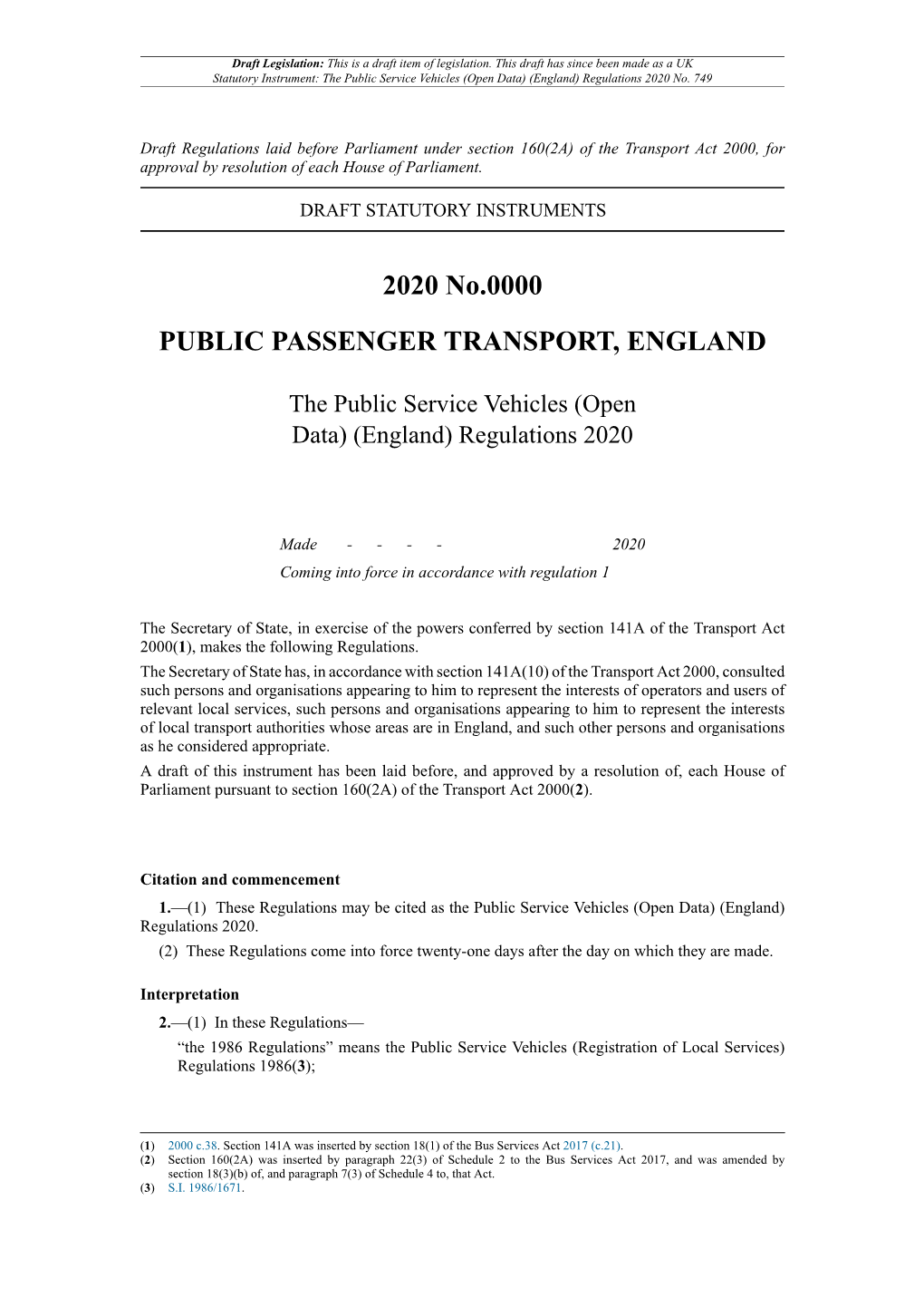 The Public Service Vehicles (Open Data) (England) Regulations 2020 No