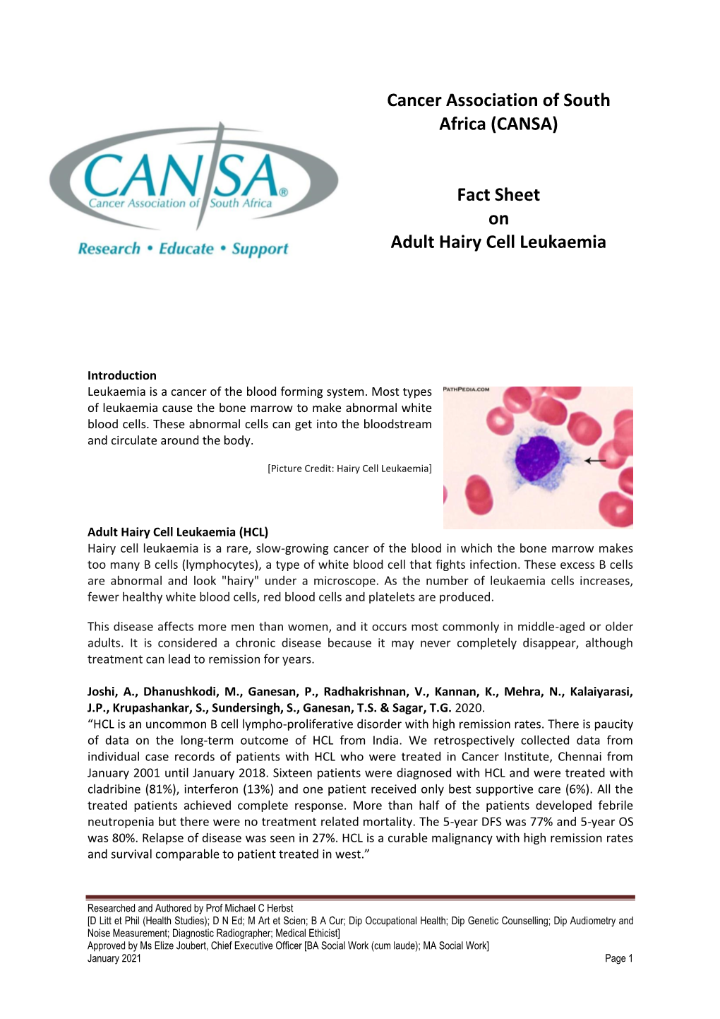 Cancer Association of South Africa (CANSA) Fact Sheet on Adult Hairy Cell Leukaemia