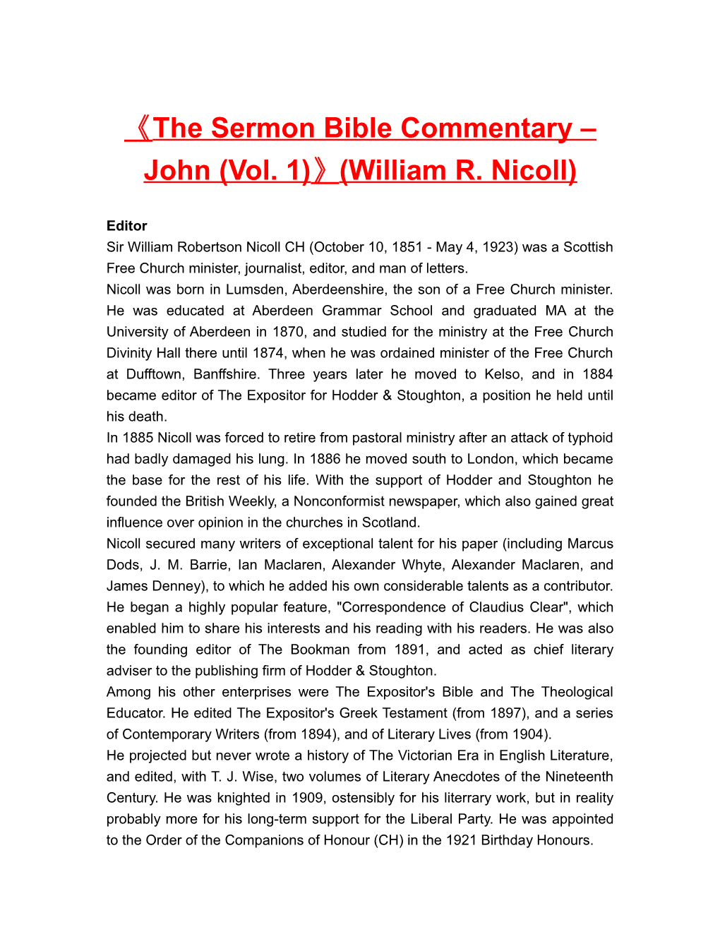 The Sermon Bible Commentary John (Vol. 1) (William R. Nicoll)