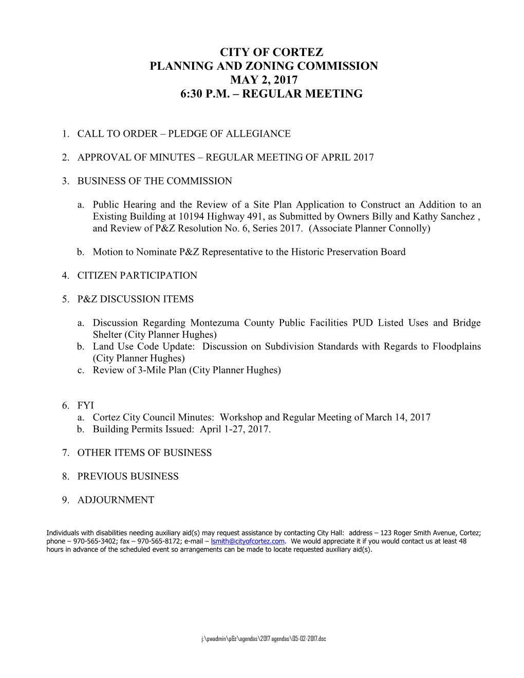 City of Cortez Planning and Zoning Commission May 2, 2017 6:30 P.M