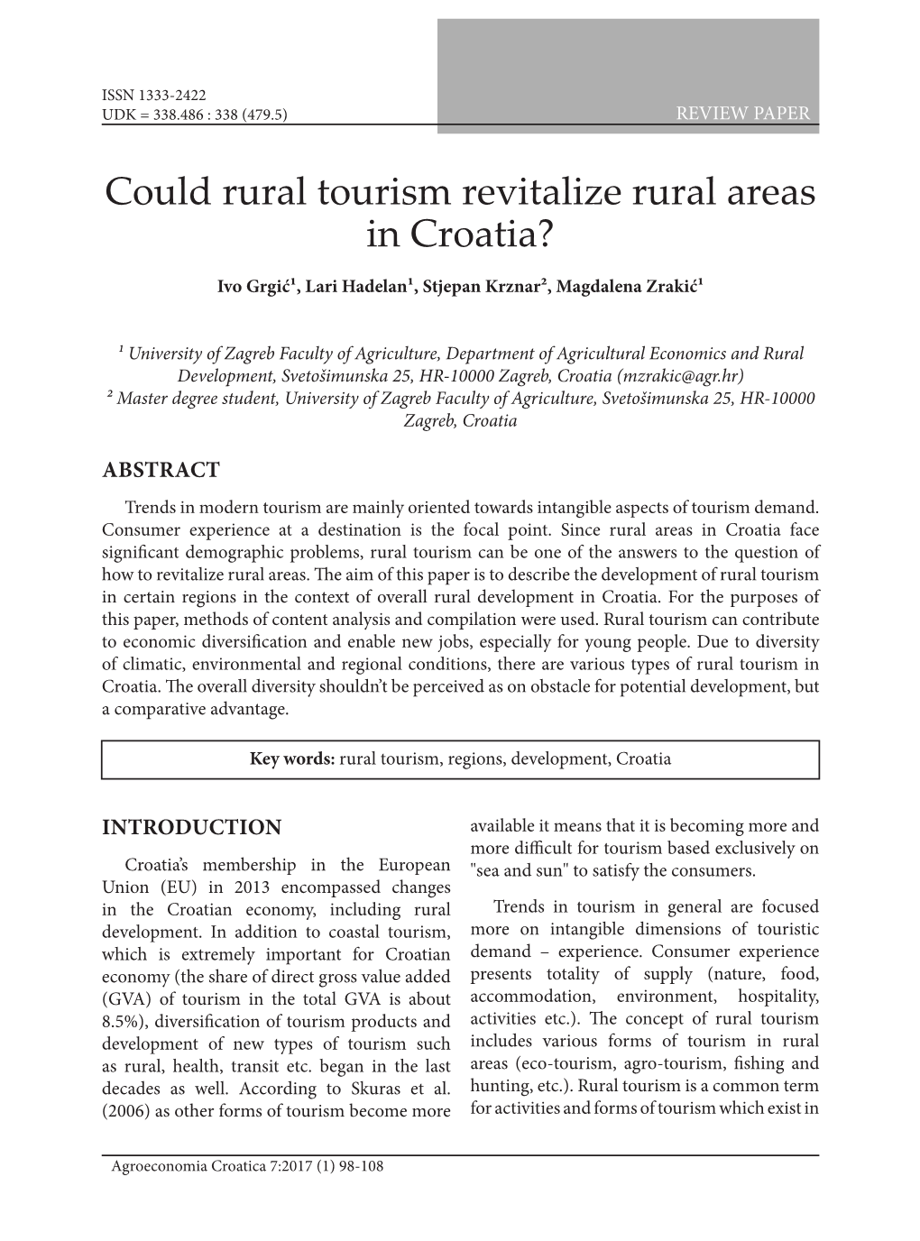 Could Rural Tourism Revitalize Rural Areas in Croatia?