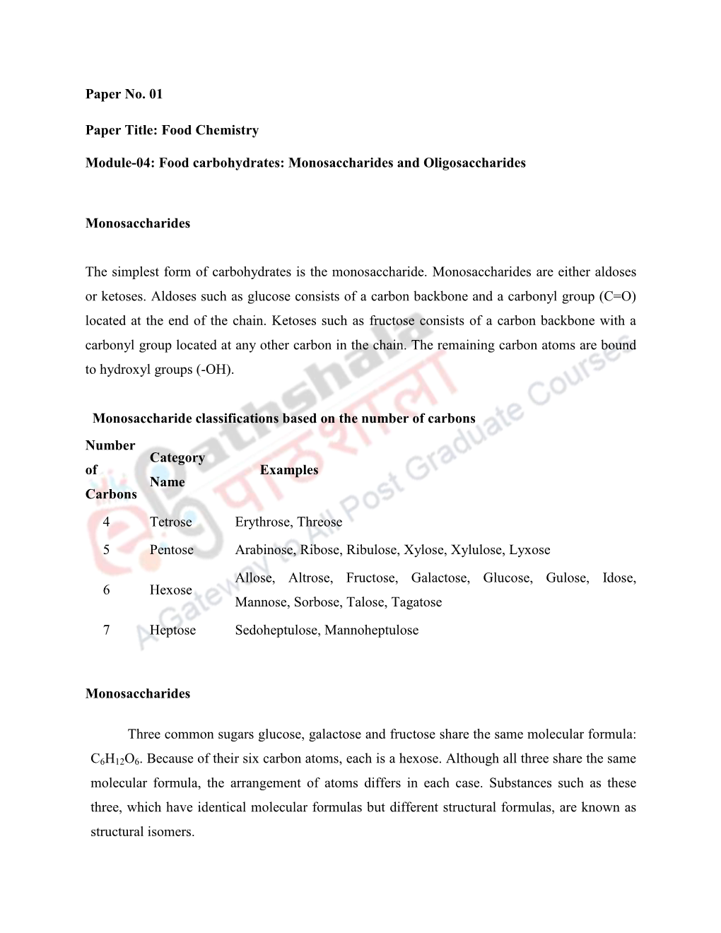 Food Carbohydrates: Monosaccharides and Oligosaccharides