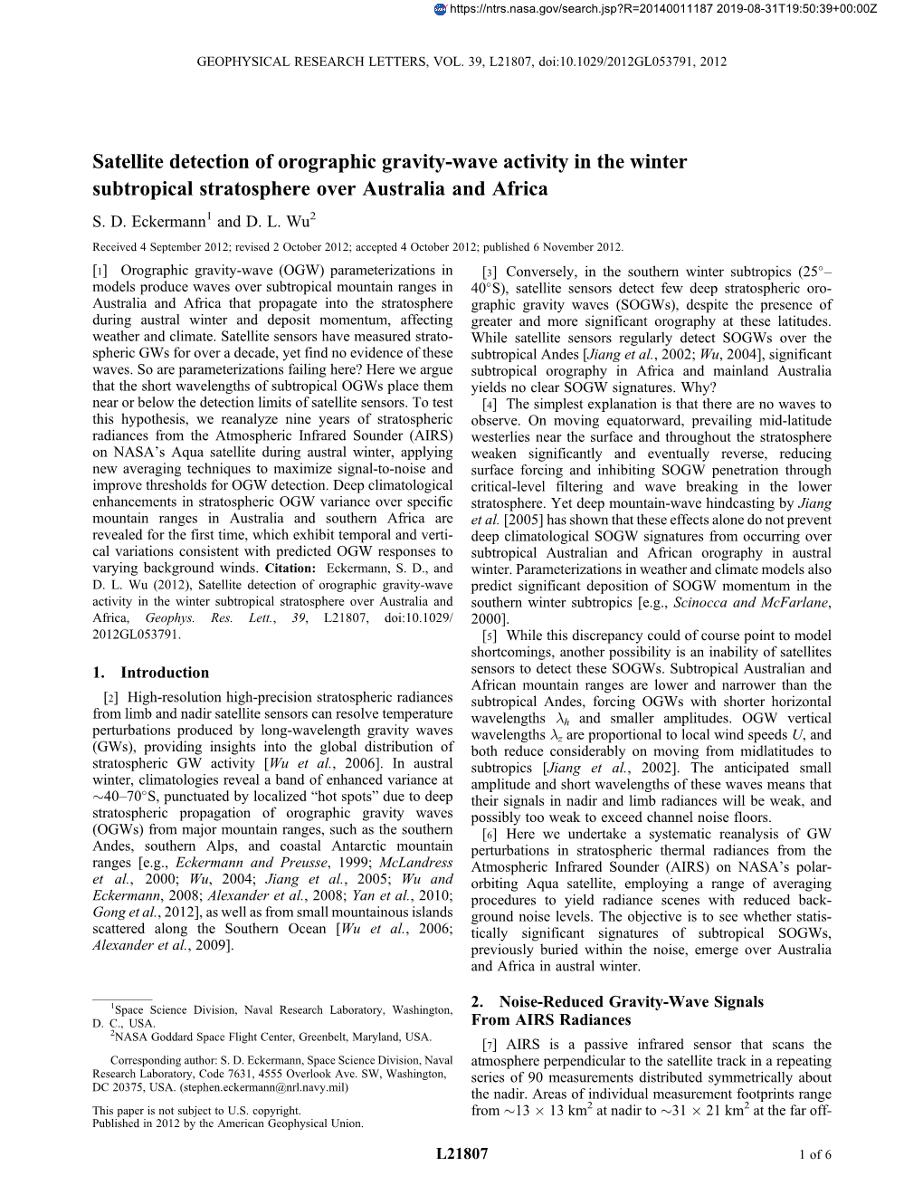 Satellite Detection of Orographic Gravity-Wave Activity in the Winter Subtropical Stratosphere Over Australia and Africa S