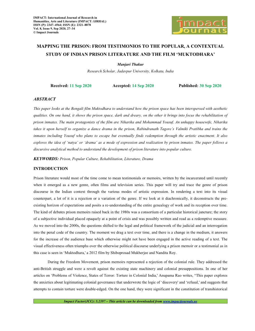 Mapping the Prison: from Testimonios to the Popular, a Contextual Study of Indian Prison Literature and the Film ‘Muktodhara’