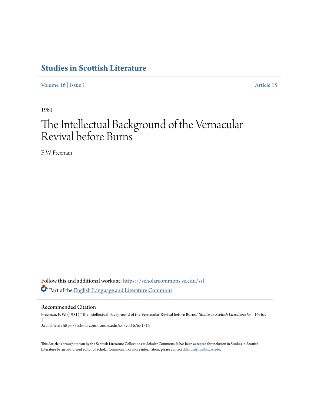 The Intellectual Background of the Vernacular Revival Before Burns