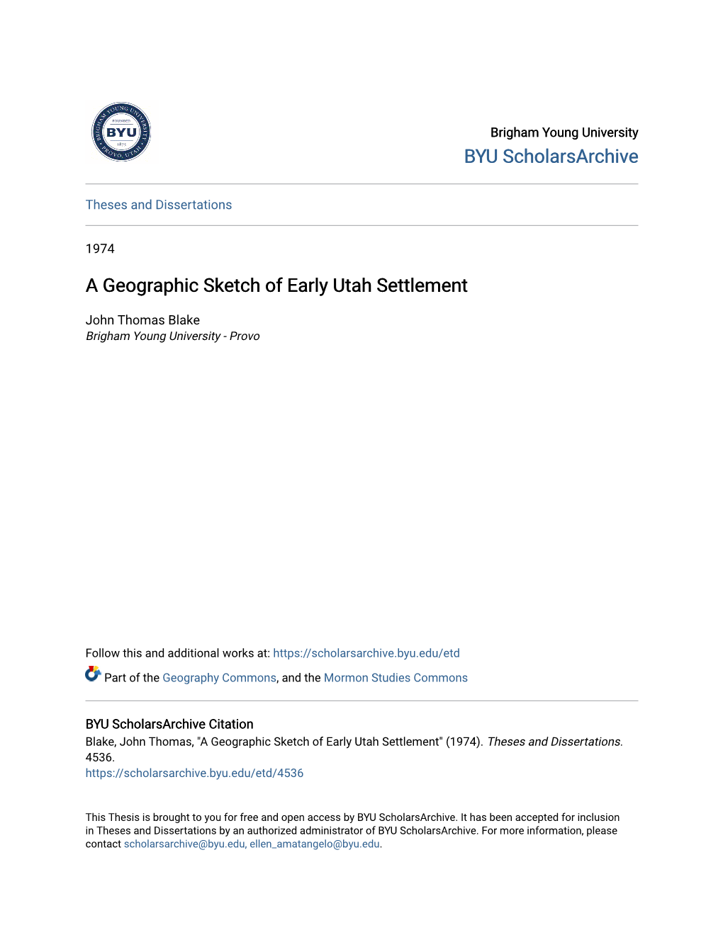 A Geographic Sketch of Early Utah Settlement