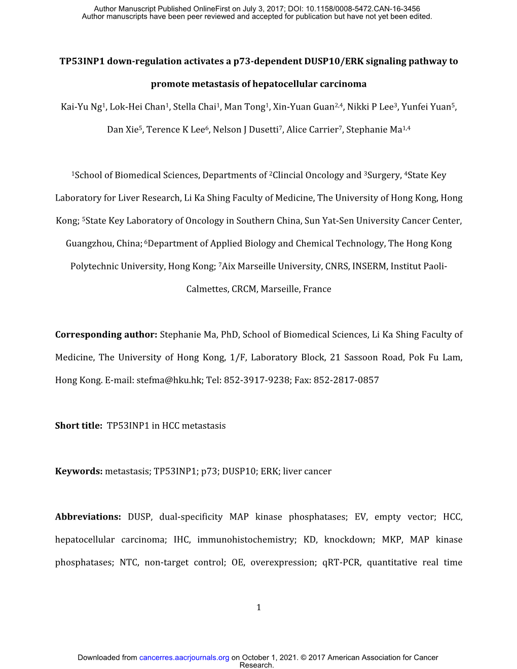 TP53INP1 Down-Regulation Activates a P73-Dependent DUSP10/ERK Signaling Pathway To