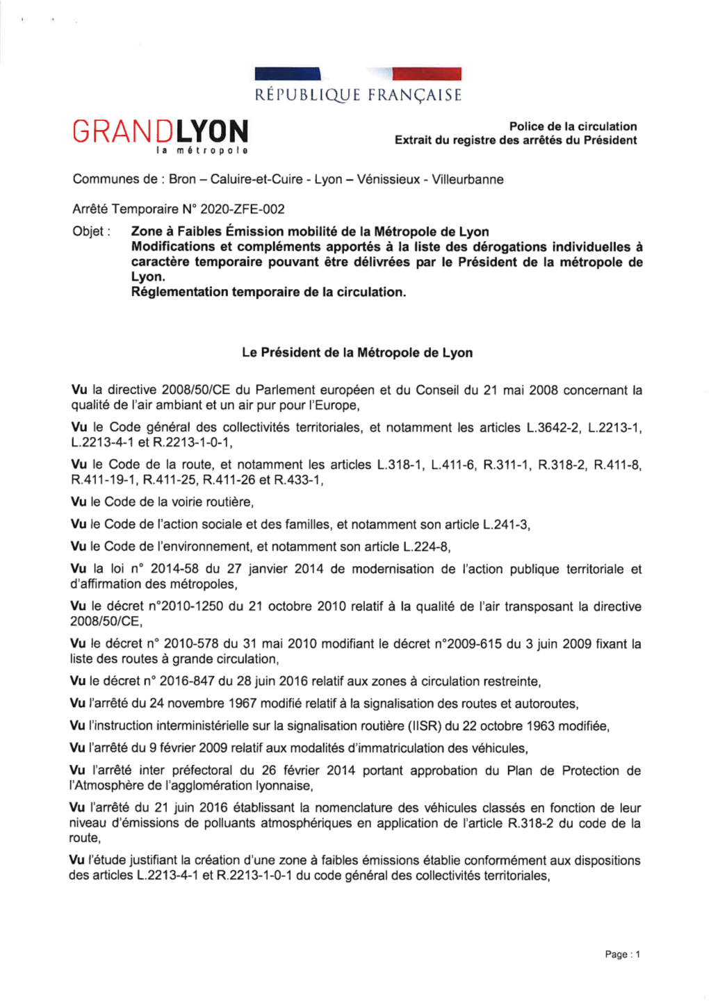 Arrêté Temporaire N°2020-ZFE-002 Du 2 Décembre 2020