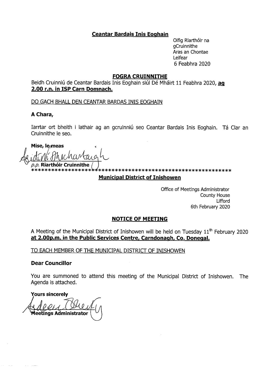 MINUTES of the INISHOWEN MUNICIPAL DISTRICT MEETING HELD in the PUBLIC SERVICES CENTRE, CARNDONAGH on TUESDAY 14TH JANUARY 2020 at 1.00Pm