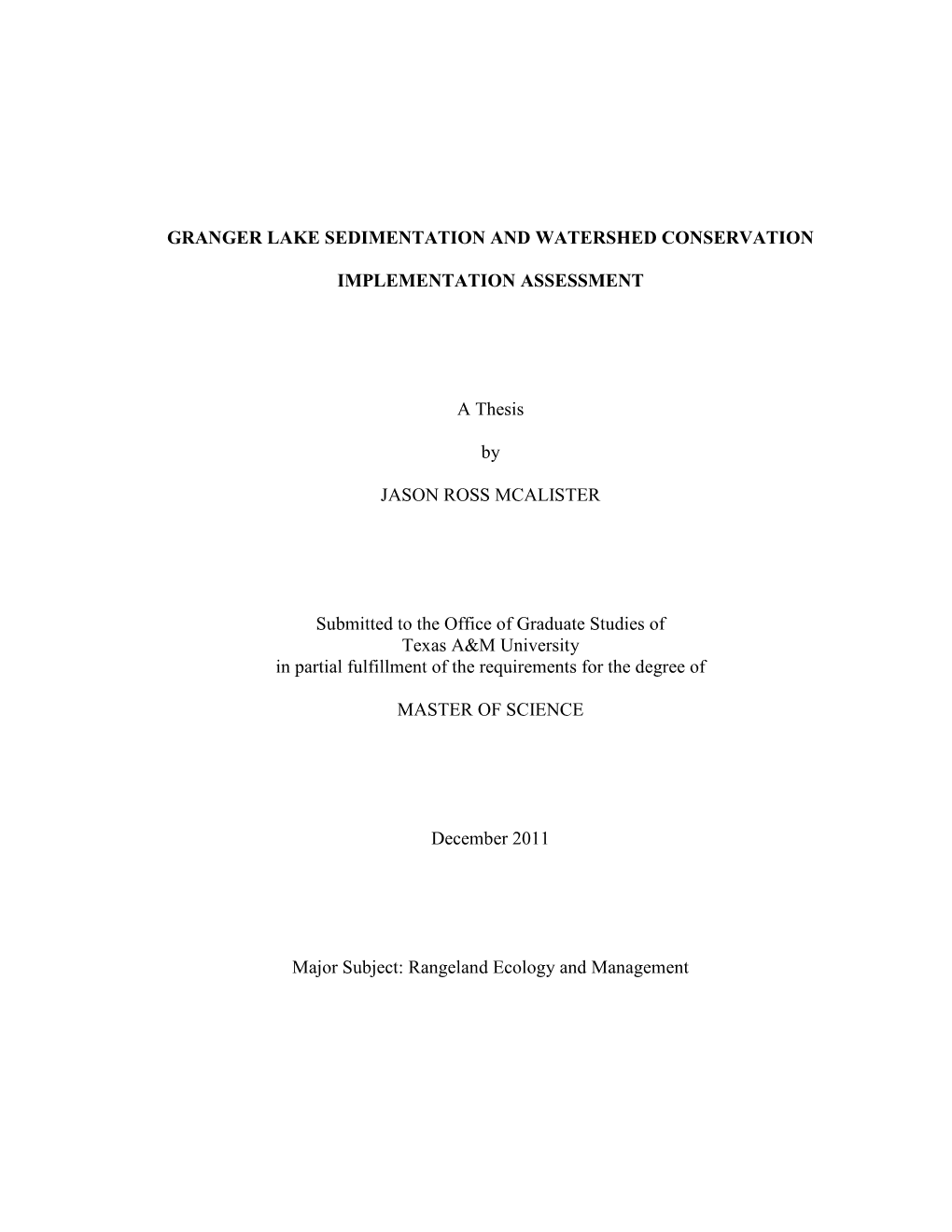 Granger Lake Sedimentation and Watershed Conservation