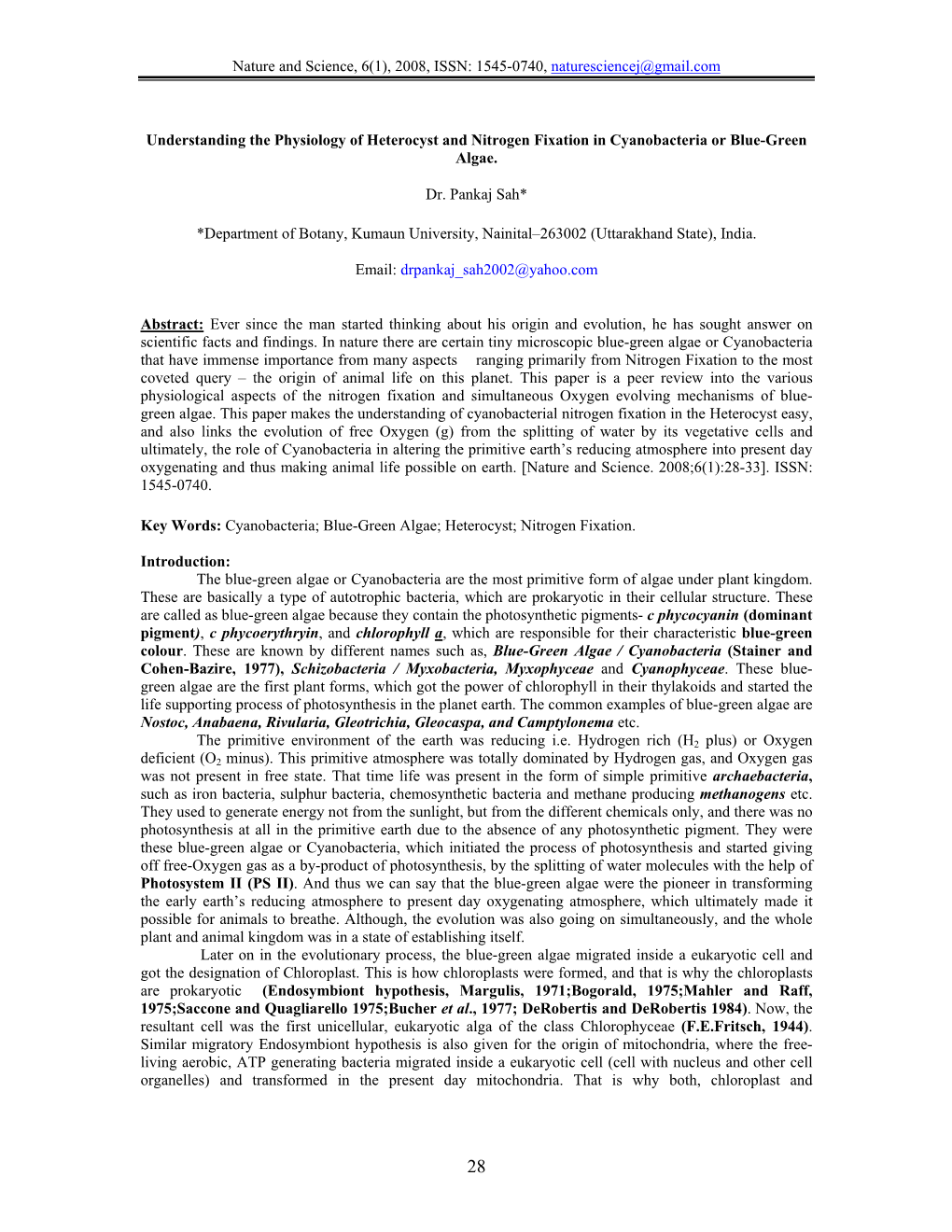 Understanding the Physiology of Heterocyst and Nitrogen Fixation in Cyanobacteria Or Blue-Green Algae