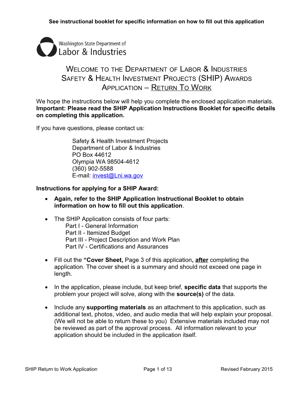 L&I Safety & Health SHIP Grant Application