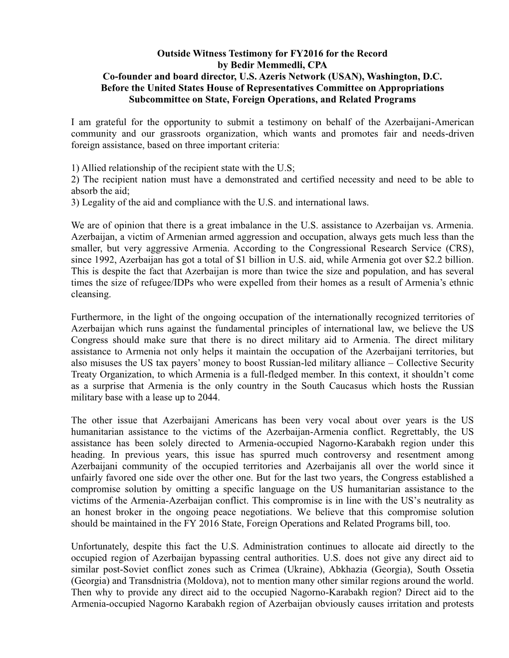 Outside Witness Testimony for FY2016 for the Record by Bedir Memmedli, CPA Co-Founder and Board Director, U.S