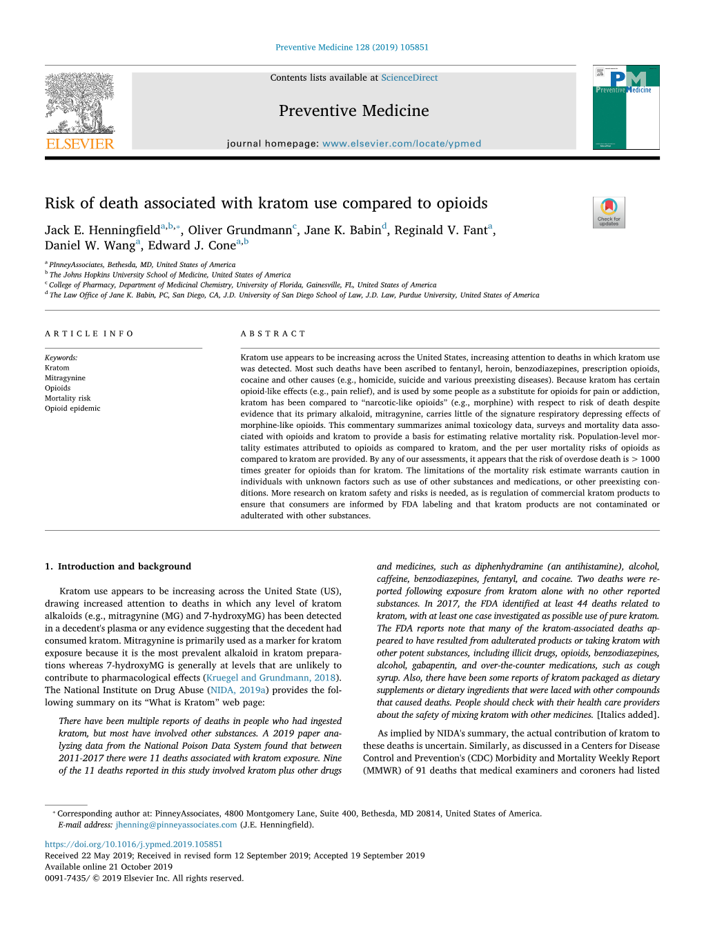 Risk of Death Associated with Kratom Use Compared to Opioids T ⁎ Jack E