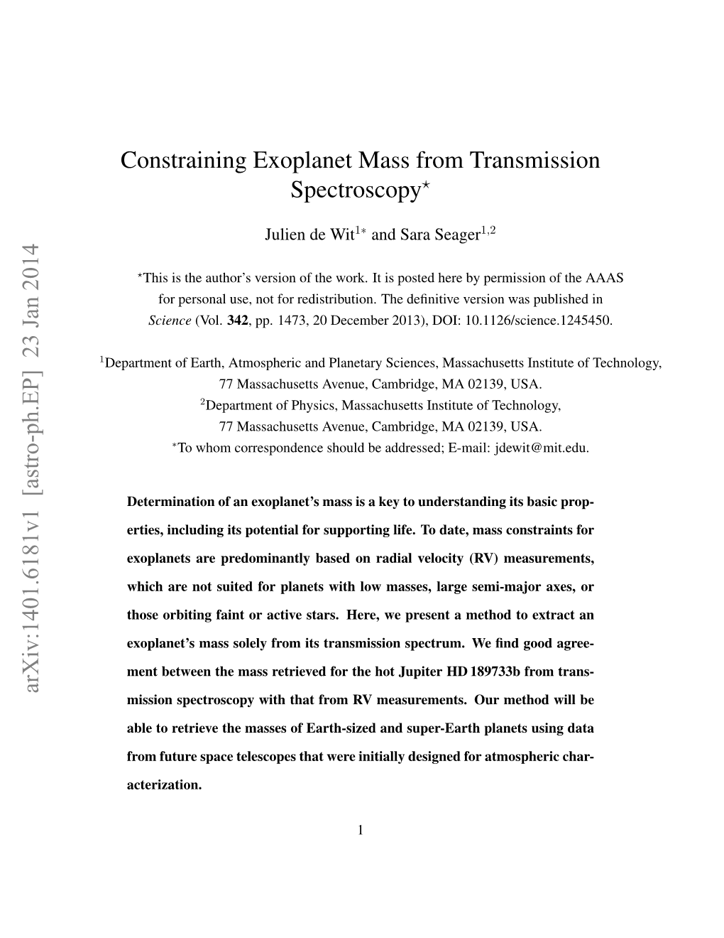 Constraining Exoplanet Mass from Transmission Spectroscopy Arxiv