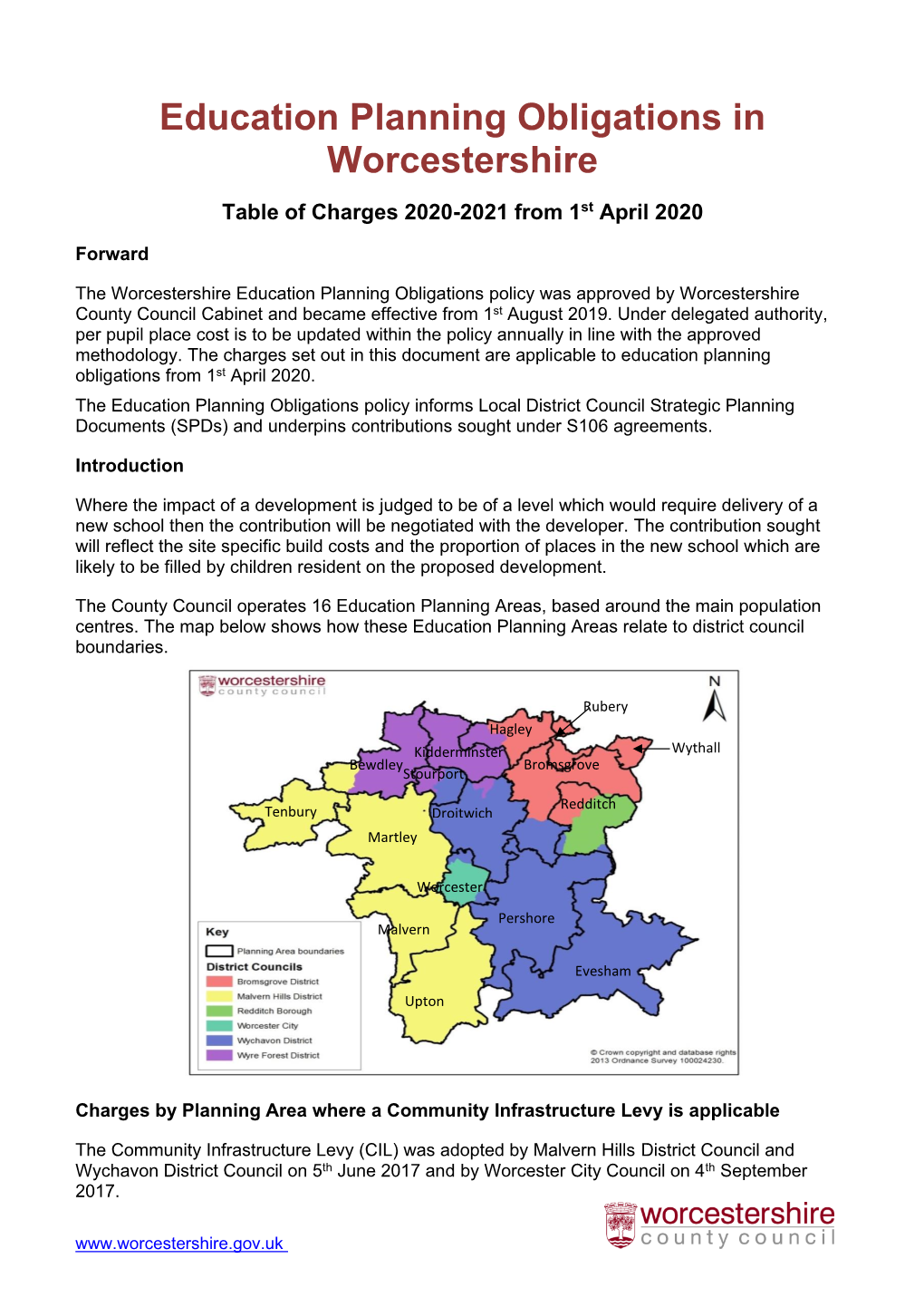 Education Planning Obligations in Worcestershire Table of Charges 2020-2021 from 1St April 2020