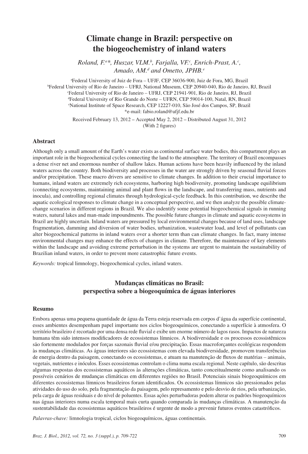 Climate Change in Brazil: Perspective on the Biogeochemistry of Inland