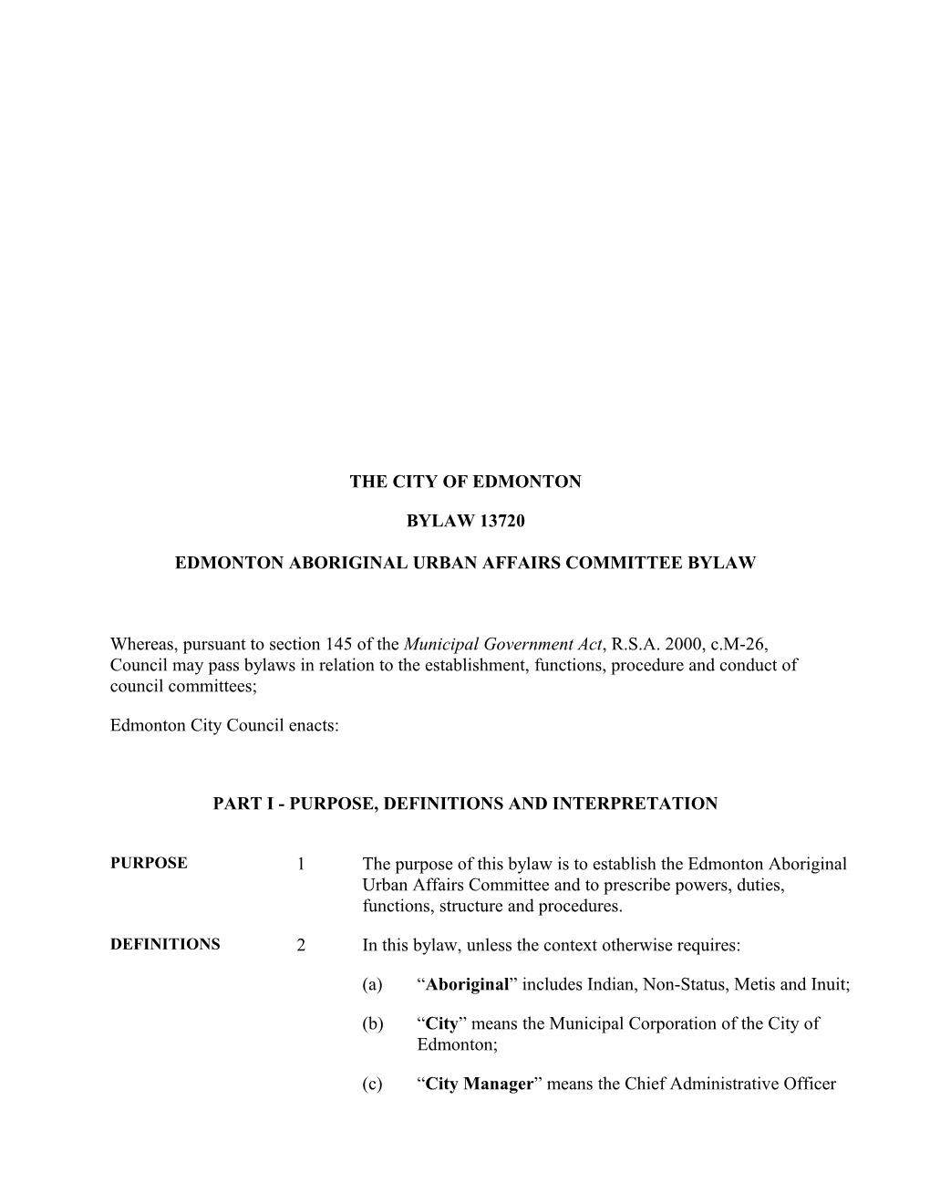 Bylaw 13720 - Edmonton Aboriginal Urban Affairs Committee Bylaw
