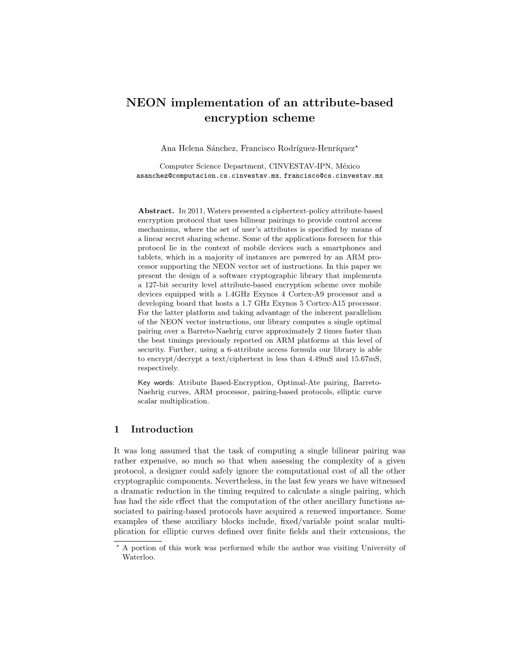 NEON Implementation of an Attribute-Based Encryption Scheme