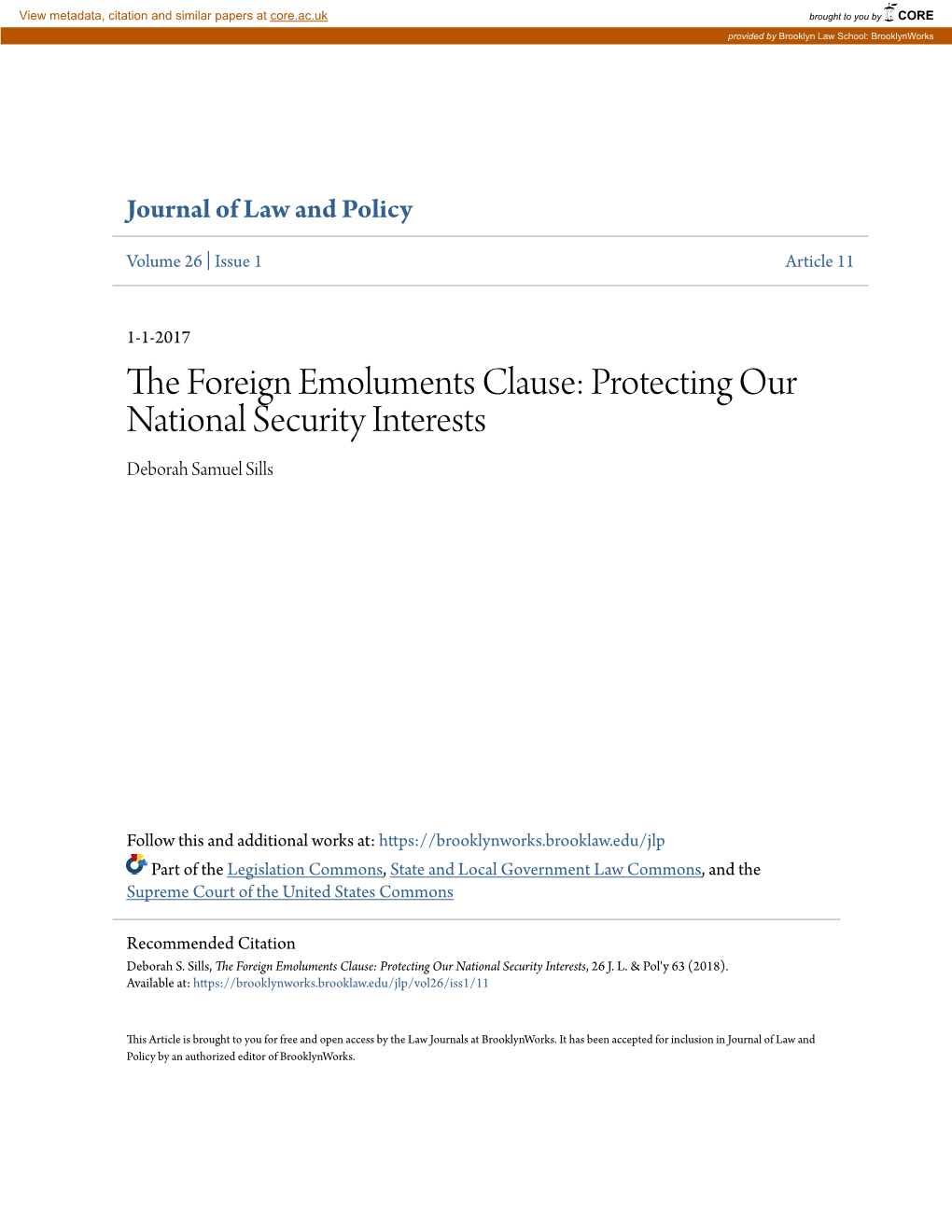 The Foreign Emoluments Clause: Protecting Our National Security Interests, 26 J