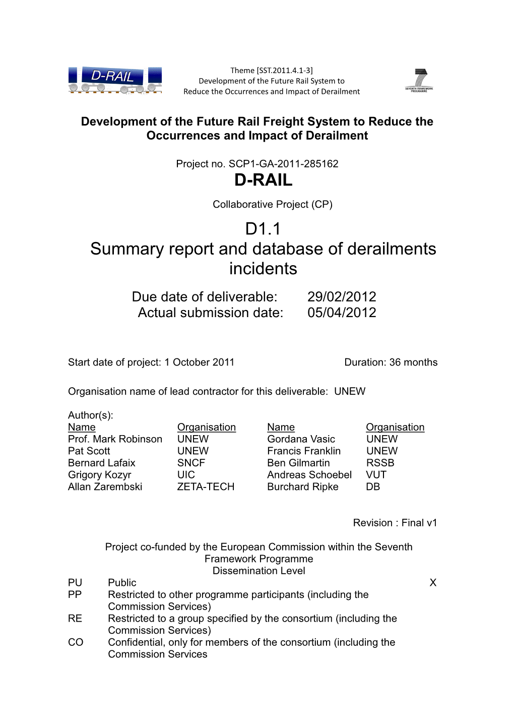 D-RAIL D1.1 Summary Report and Database of Derailments Incidents