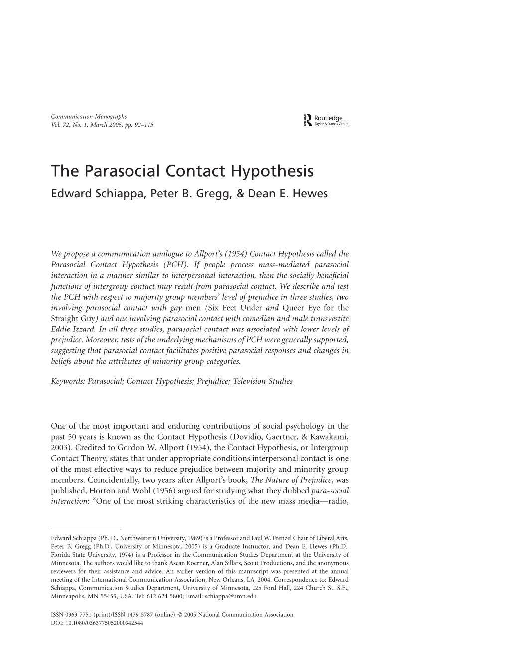 The Parasocial Contact Hypothesis Edward Schiappa, Peter B