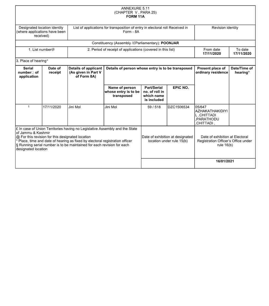 FORM 11A Designated Location Identity