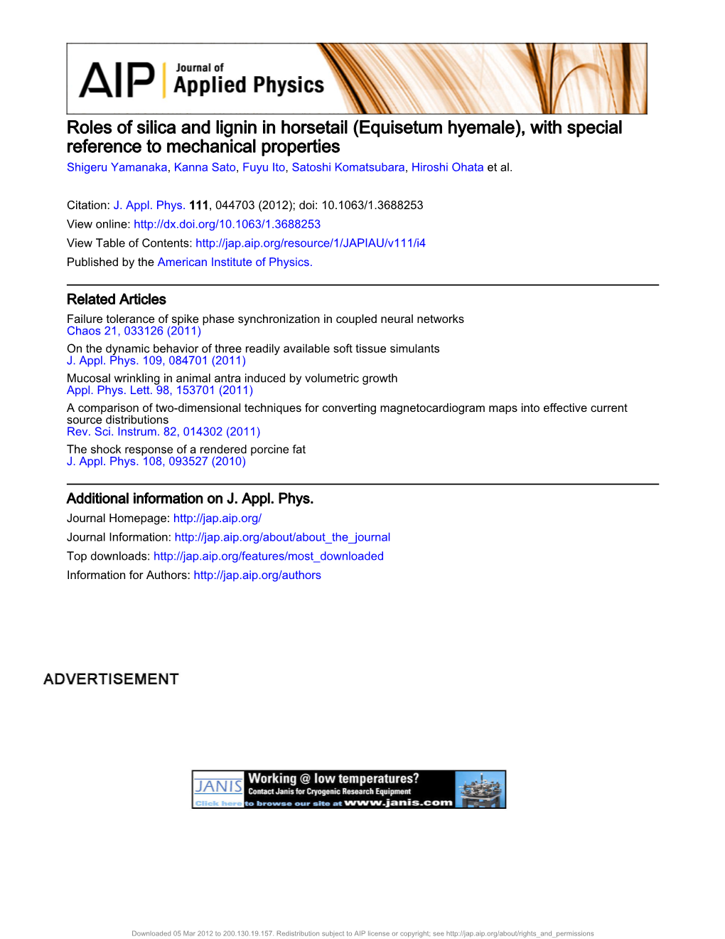 Roles of Silica and Lignin in Horsetail (Equisetum Hyemale)