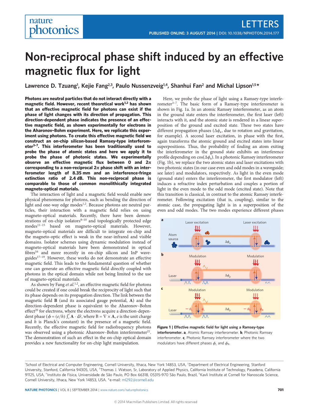 Non-Reciprocal Phase Shift Induced by an Effective Magnetic Flux for Light