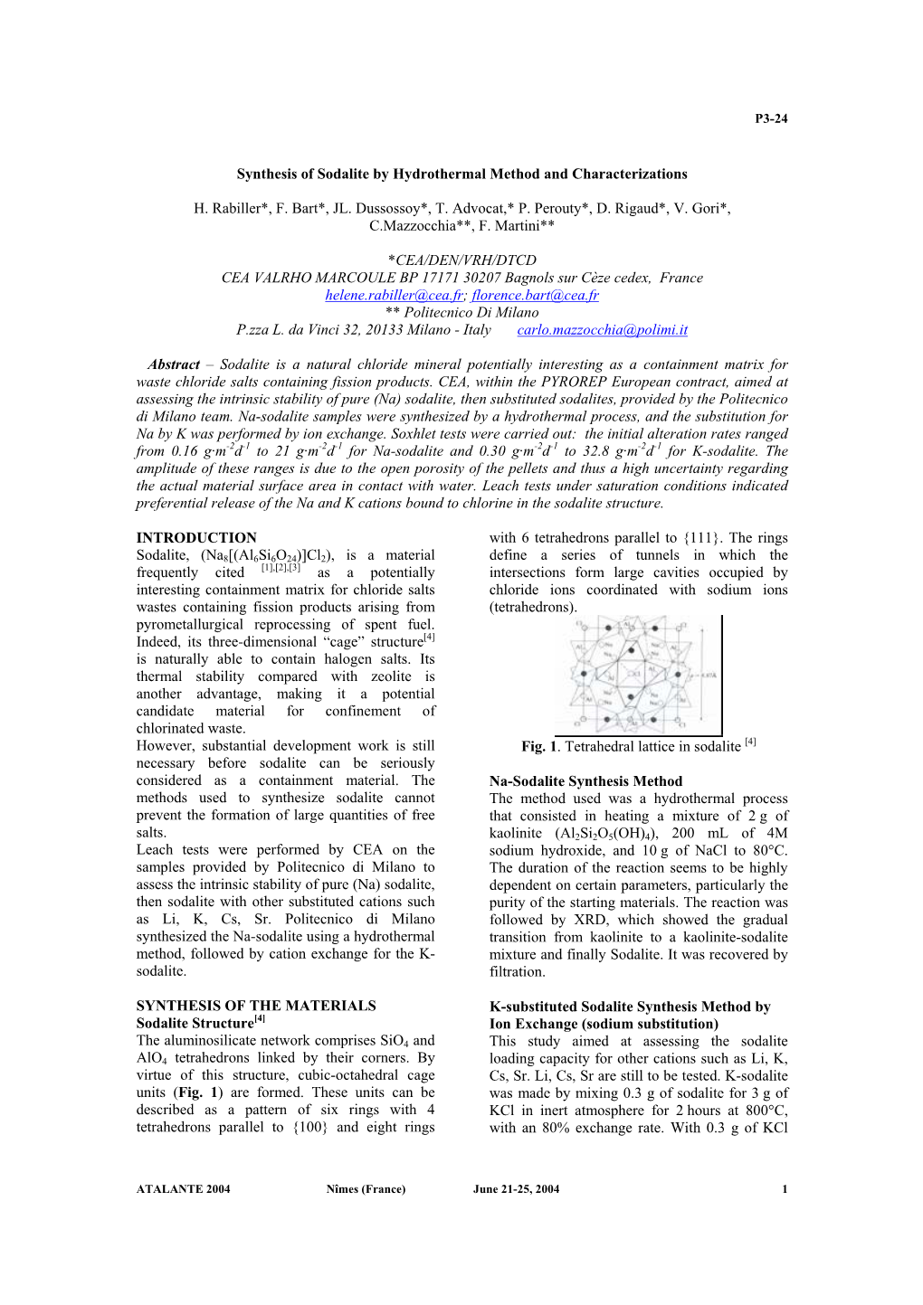 Synthesis of Sodalite by Hydrothermal Method and Characterizations