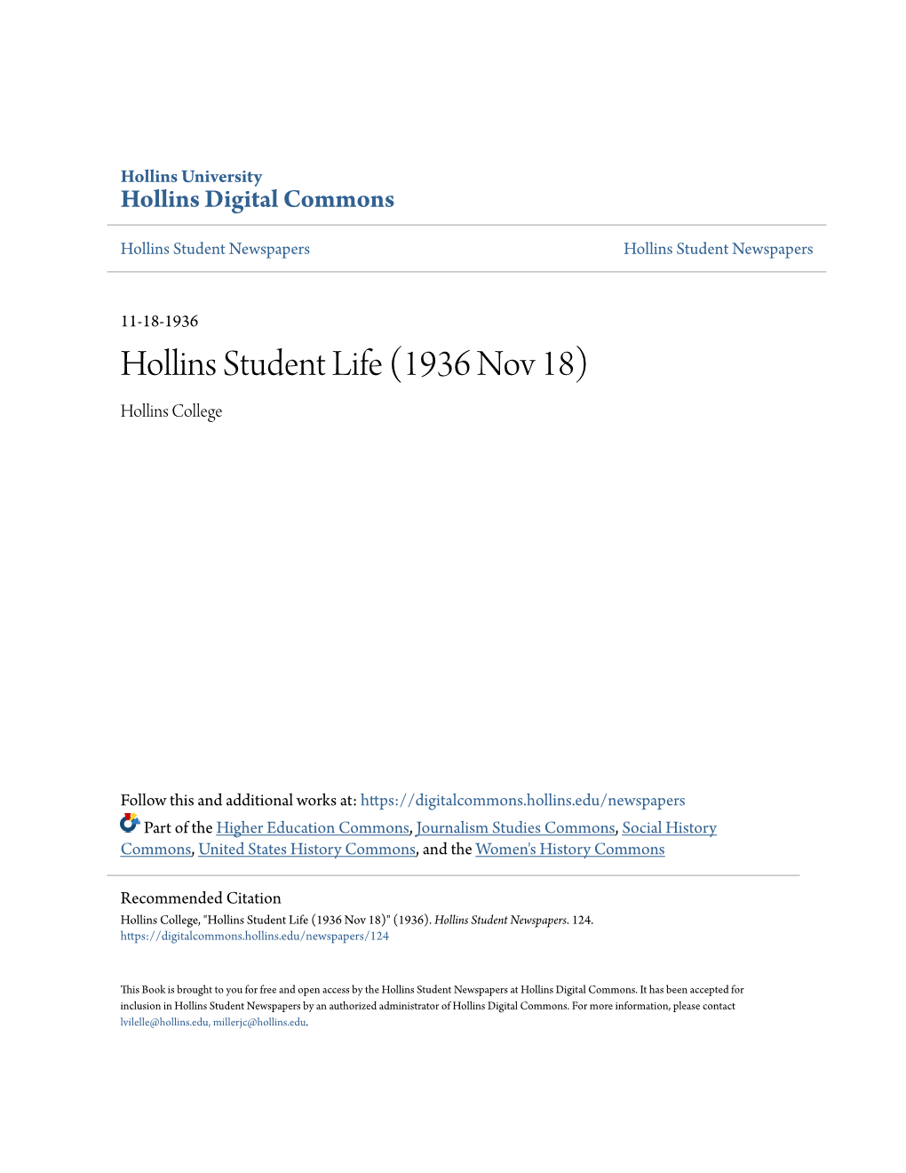 Hollins Student Life (1936 Nov 18) Hollins College