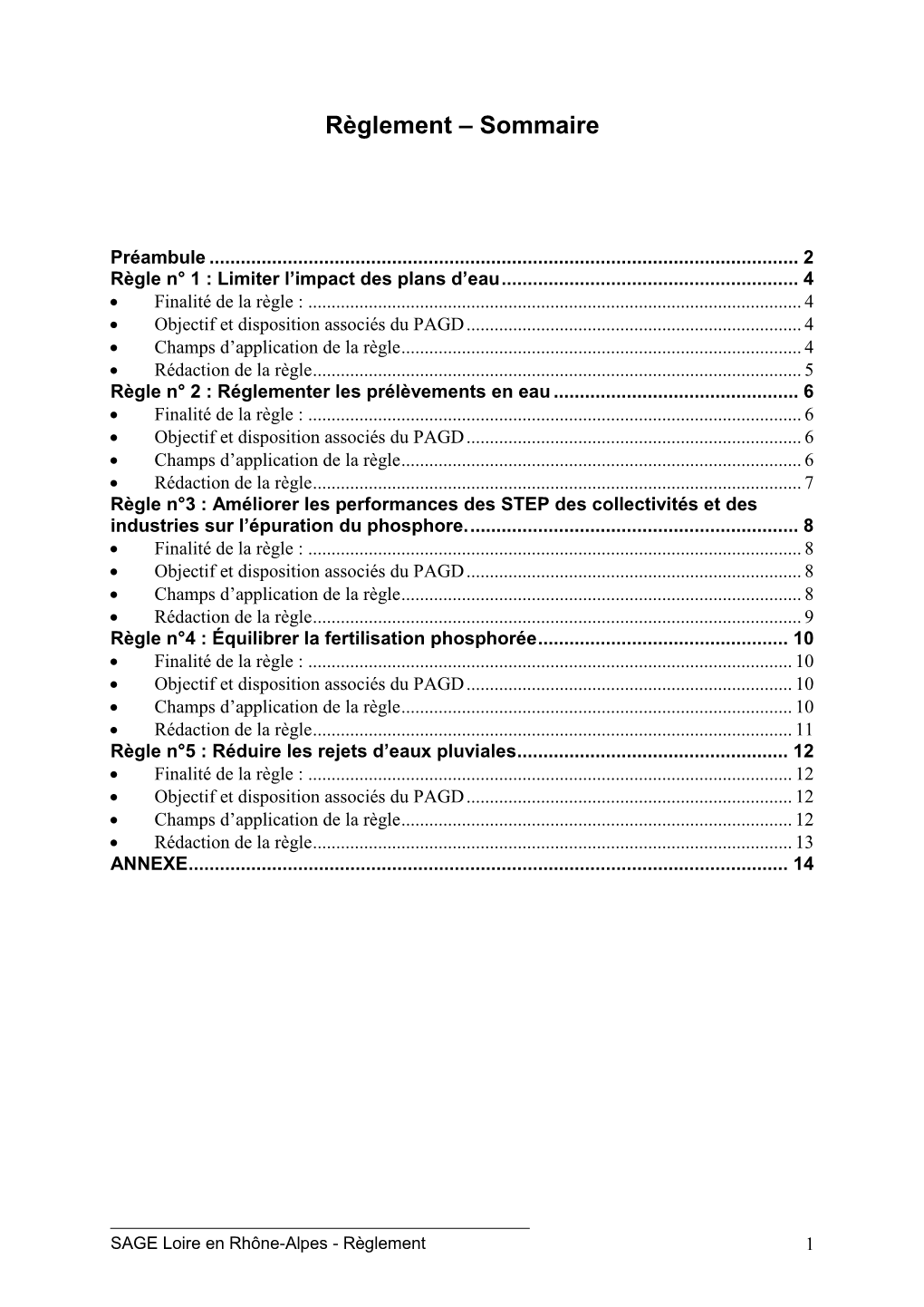 Règlement – Sommaire