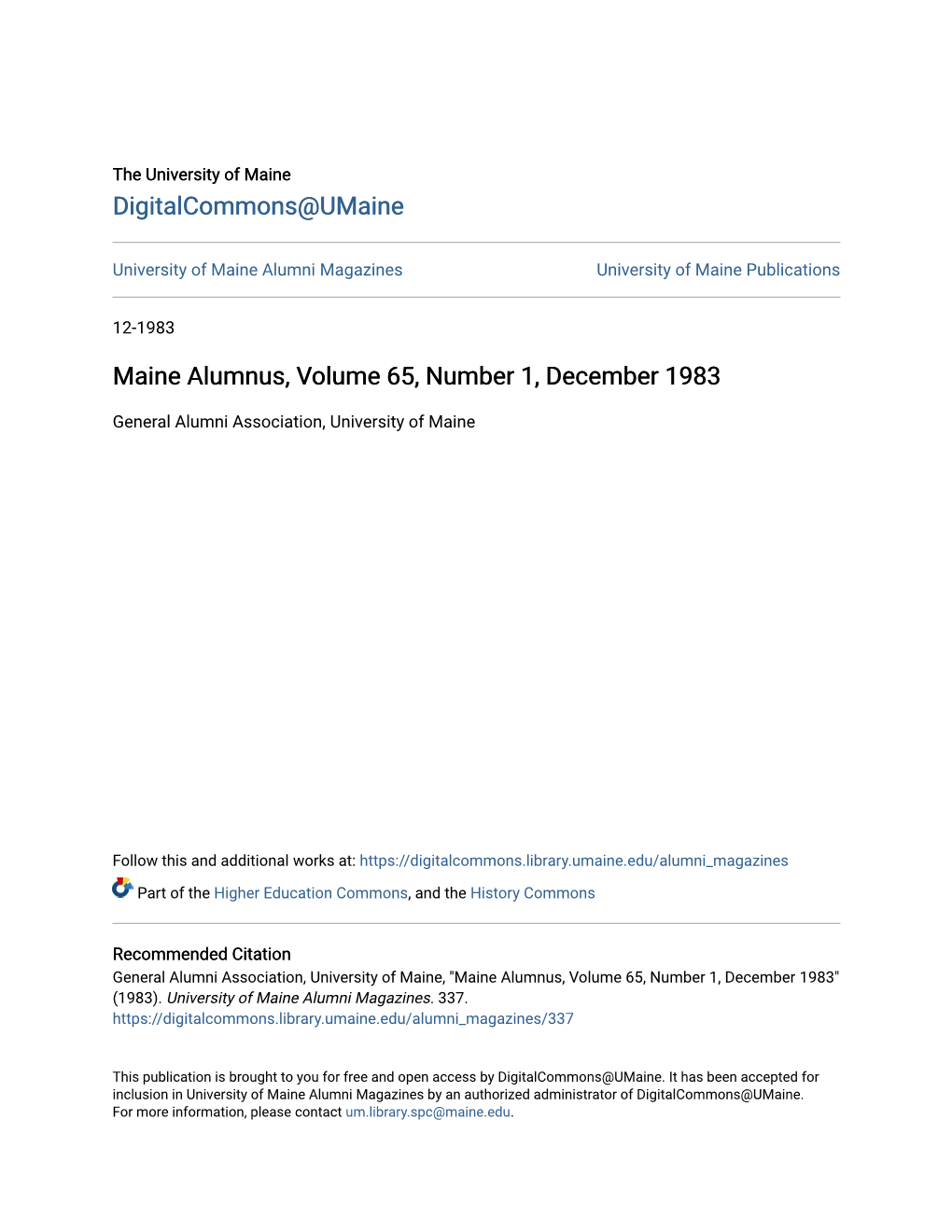 Maine Alumnus, Volume 65, Number 1, December 1983