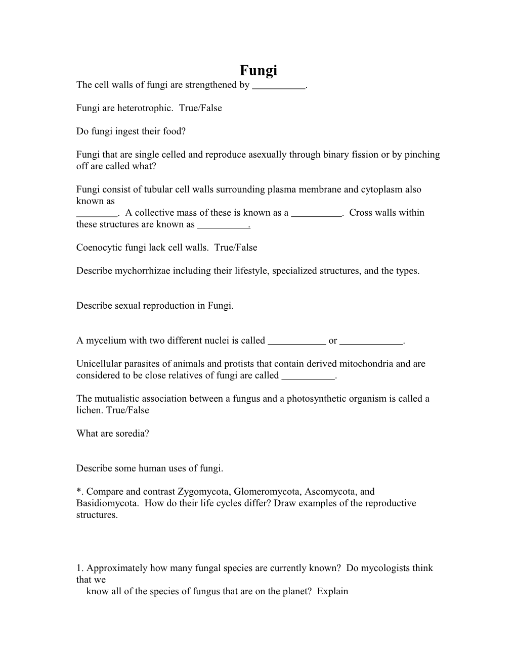 Fungi Quiz Answer Key