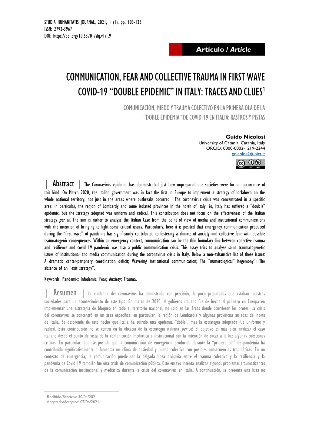 Double Epidemic” in Italy: Traces and Clues Comunicación, Miedo Y Trauma Colectivo En La Primera Ola De La “Doble Epidemia” De Covid-19 En Italia: Rastros Y Pistas