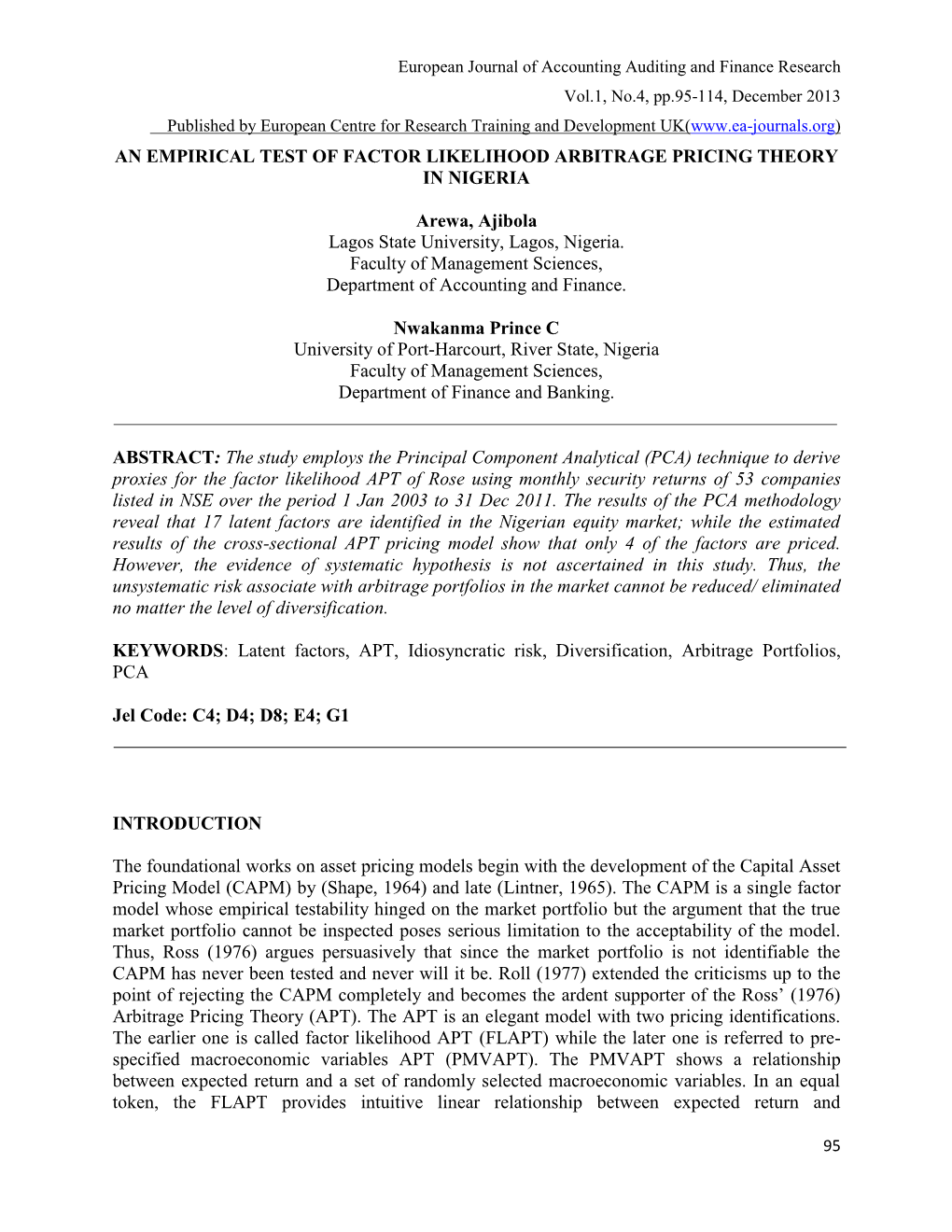 An Empirical Test of Factor Likelihood Arbitrage Pricing Theory in Nigeria