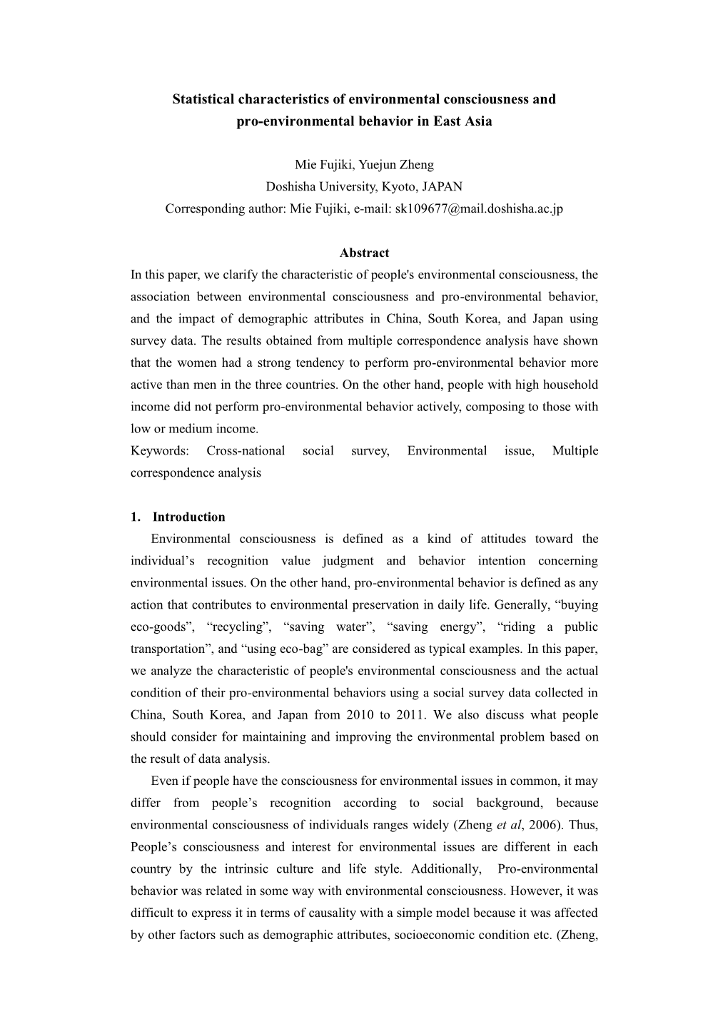 Statistical Characteristics of Environmental Consciousness and Pro-Environmental Behavior in East Asia