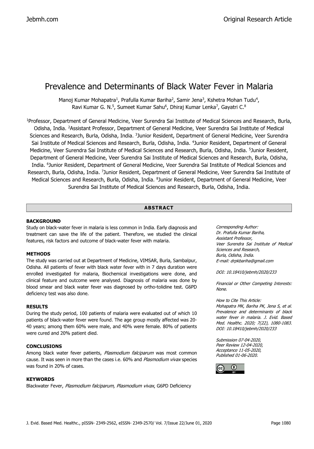 Prevalence and Determinants of Black Water Fever in Malaria