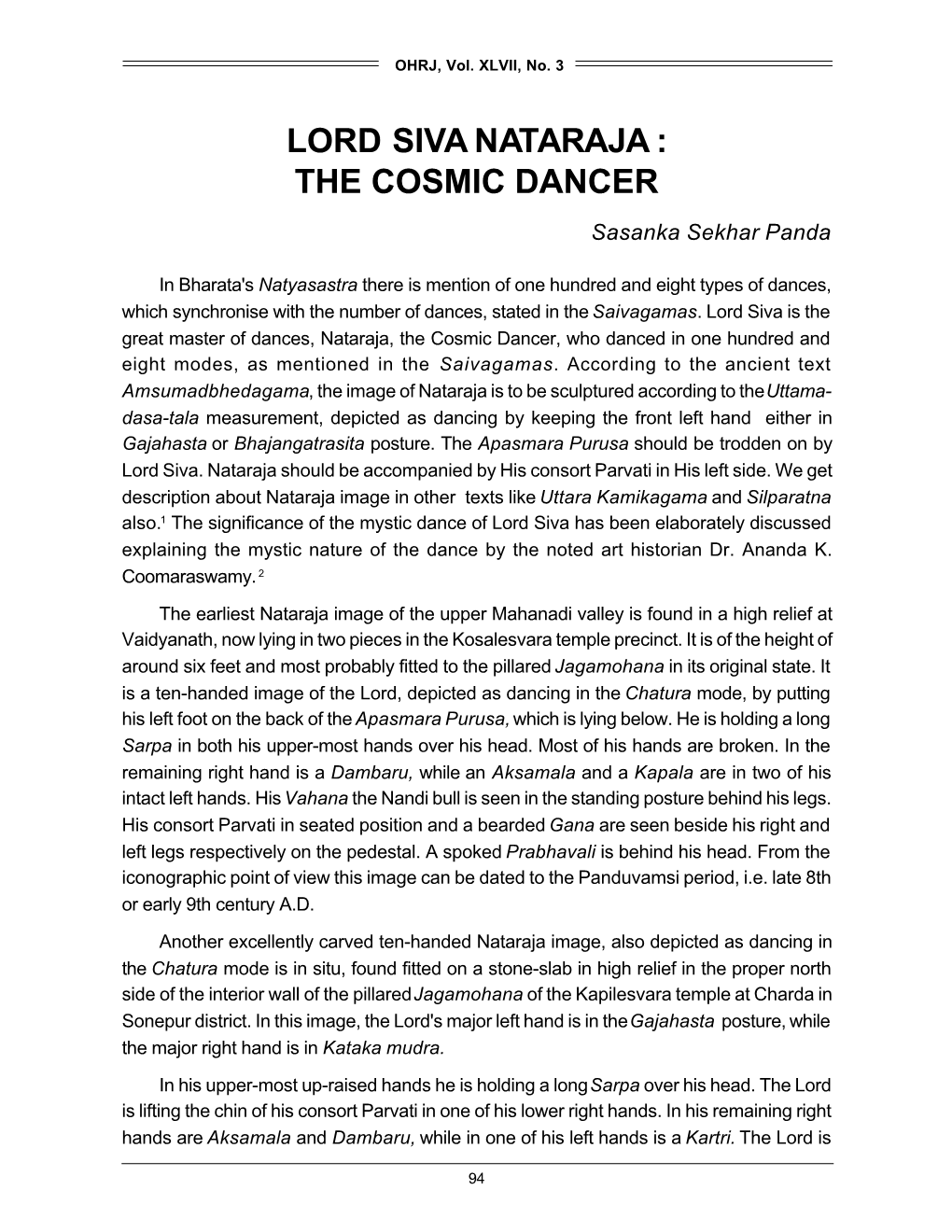 LORD SIVA NATARAJA : the COSMIC DANCER Sasanka Sekhar Panda