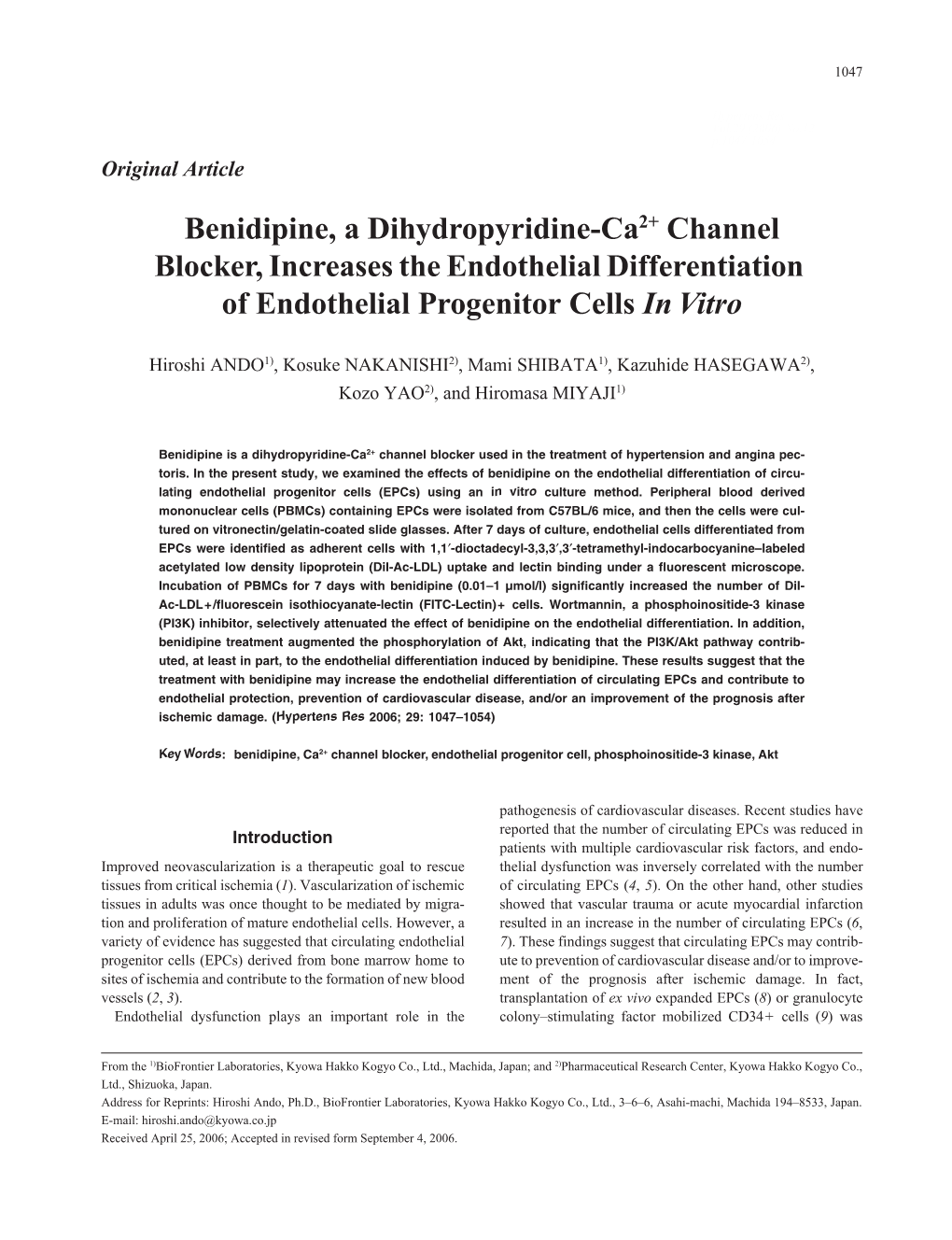 Benidipine, a Dihydropyridine-Ca2+ Channel Blocker, Increases the Endothelial Differentiation of Endothelial Progenitor Cells in Vitro