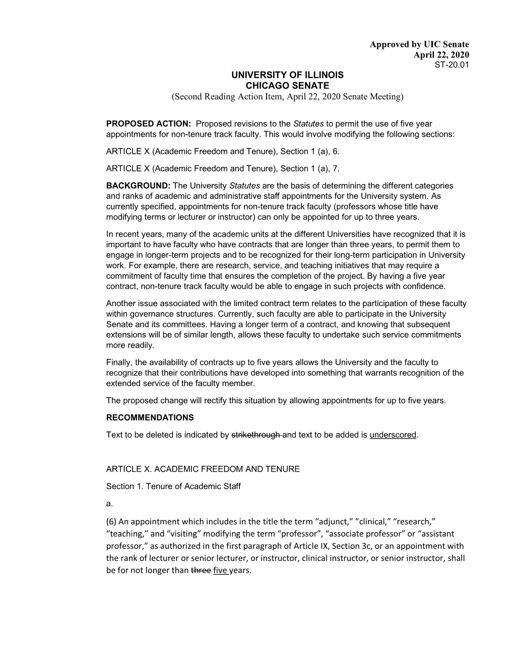 Approved by UIC Senate April 22, 2020 ST-20.01 UNIVERSITY of ILLINOIS CHICAGO SENATE (Second Reading Action Item, April 22, 2020 Senate Meeting)