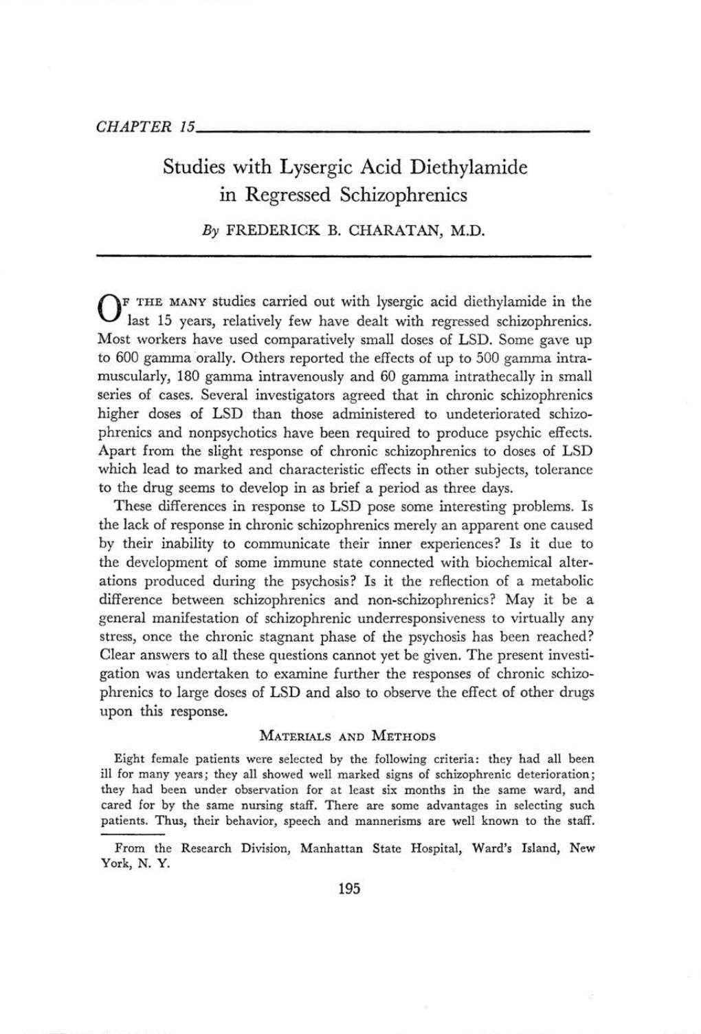 Studies with Lysergic Acid Diethylamide in Regressed Schizophrenics