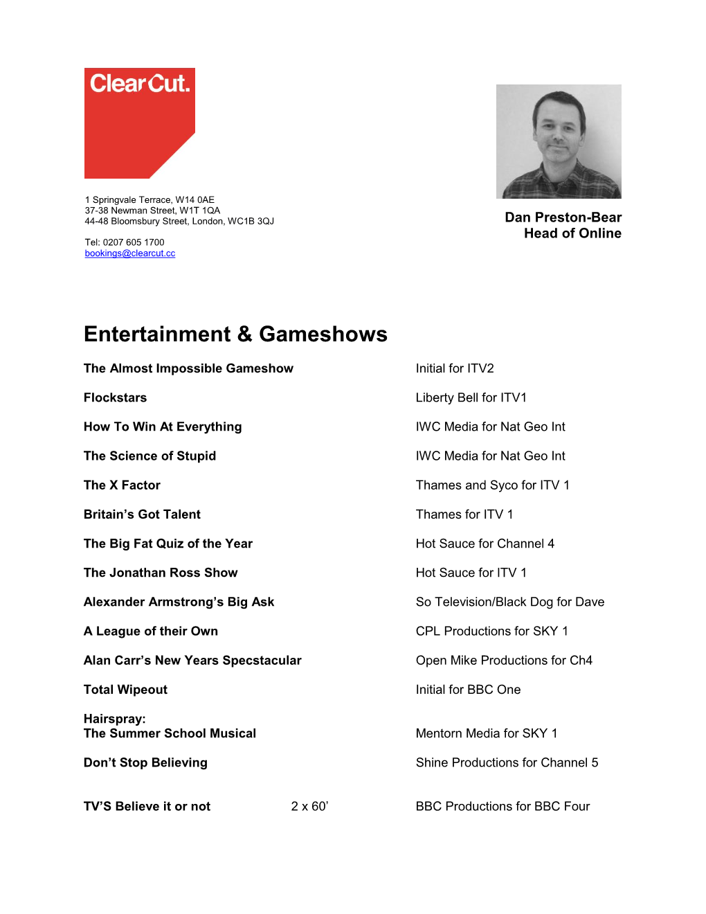 Entertainment & Gameshows