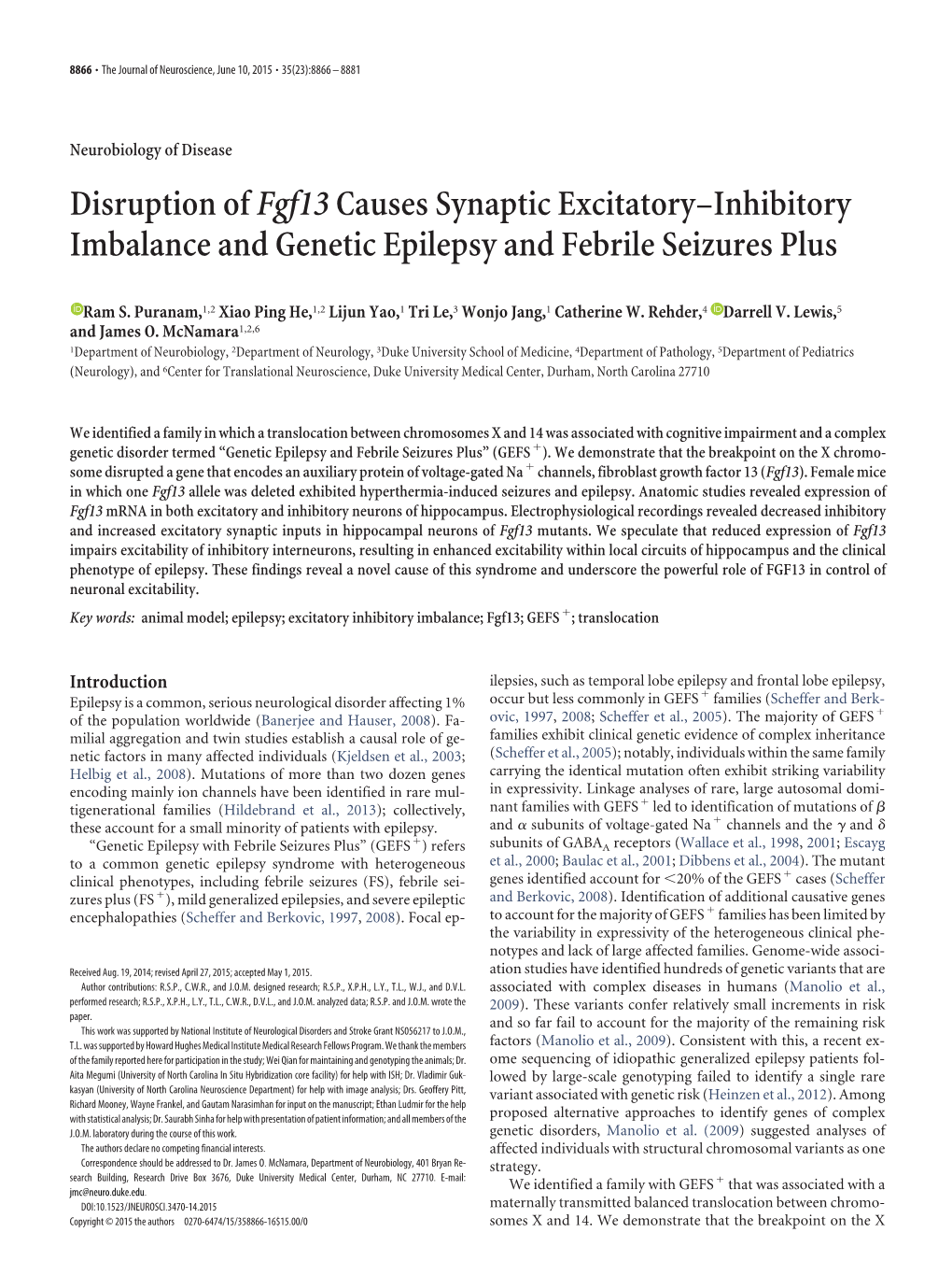 Disruption Offgf13causes Synaptic Excitatory–Inhibitory Imbalance and Genetic Epilepsy and Febrile Seizures Plus