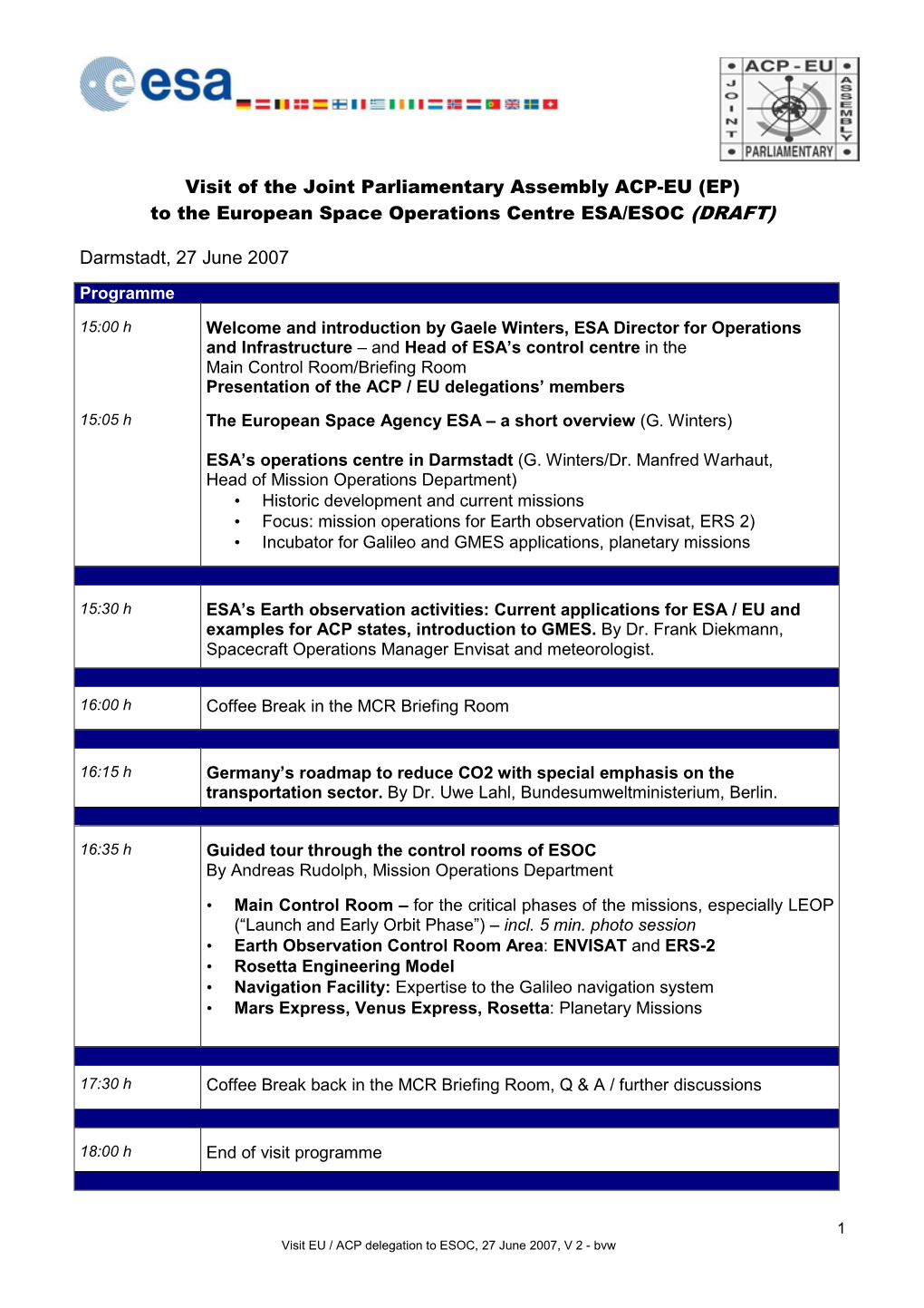 Visit of the Joint Parliamentary Assembly ACP-EU (EP) to the European Space Operations Centre ESA/ESOC (DRAFT) Darmstadt, 27